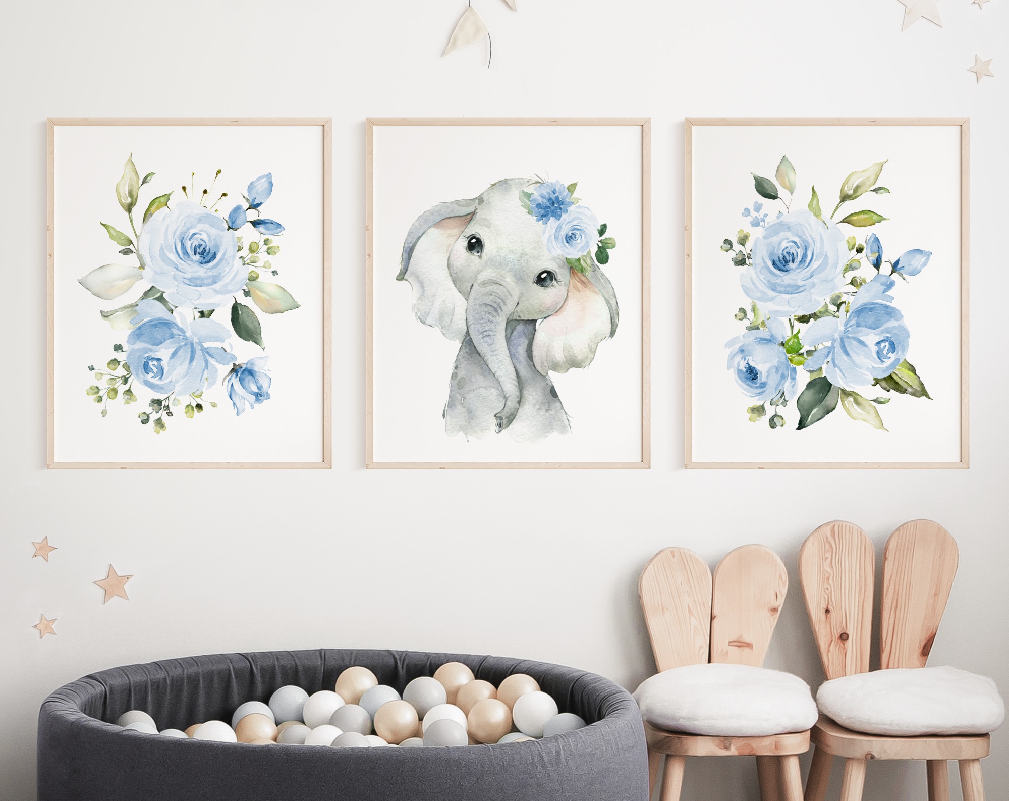 Blue Flowers Elephant Nursery Prints, Jungle Animals, Nursery Wall Art, Boy Nursery Decor, Printable File, SH11