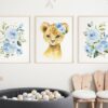 Blue Flowers Lion Nursery Prints, Jungle Animals, Nursery Wall Art, Boy Nursery Decor, Printable File, SH11