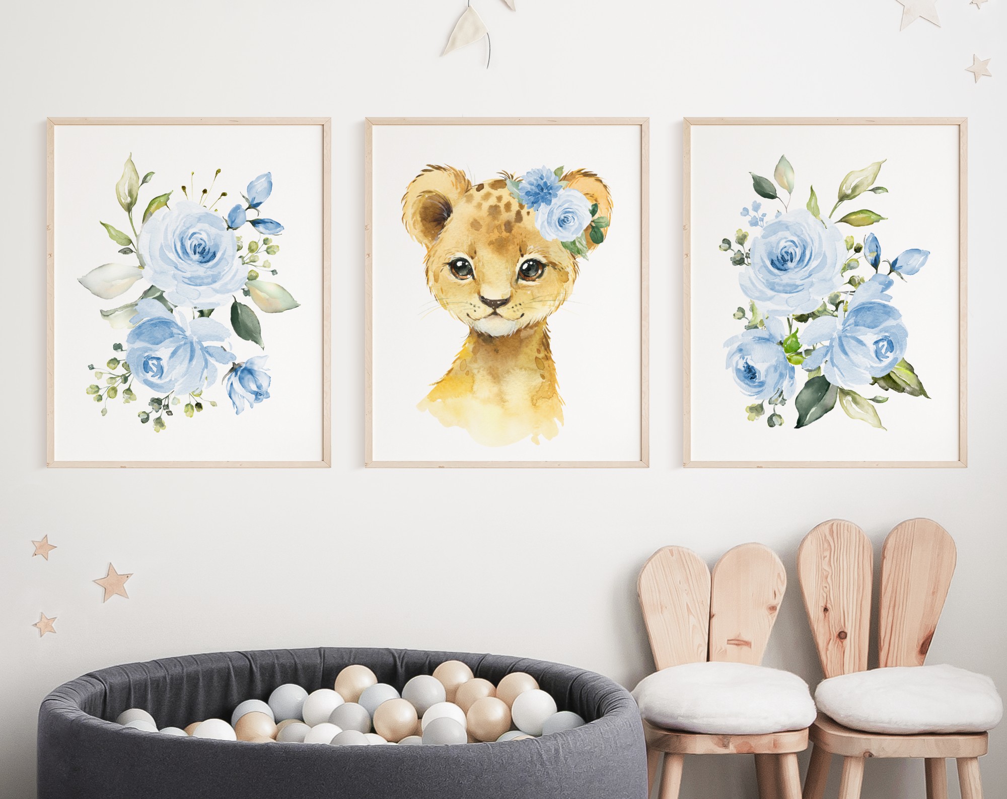 Blue Flowers Lion Nursery Prints, Jungle Animals, Nursery Wall Art, Boy Nursery Decor, Printable File, SH11