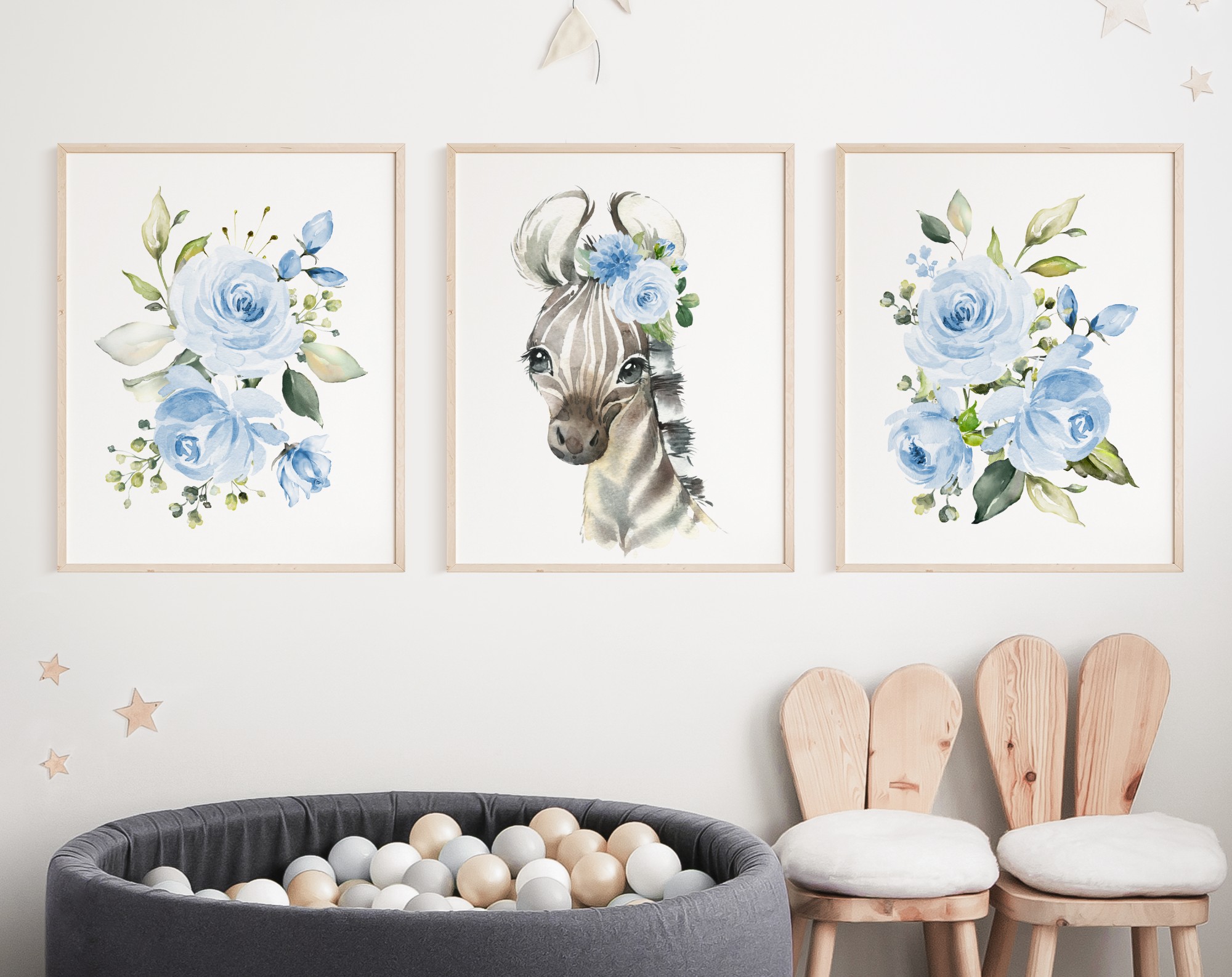 Blue Flowers Zebra Nursery Prints, Jungle Animals, Nursery Wall Art, Boy Nursery Decor, Printable File, SH11