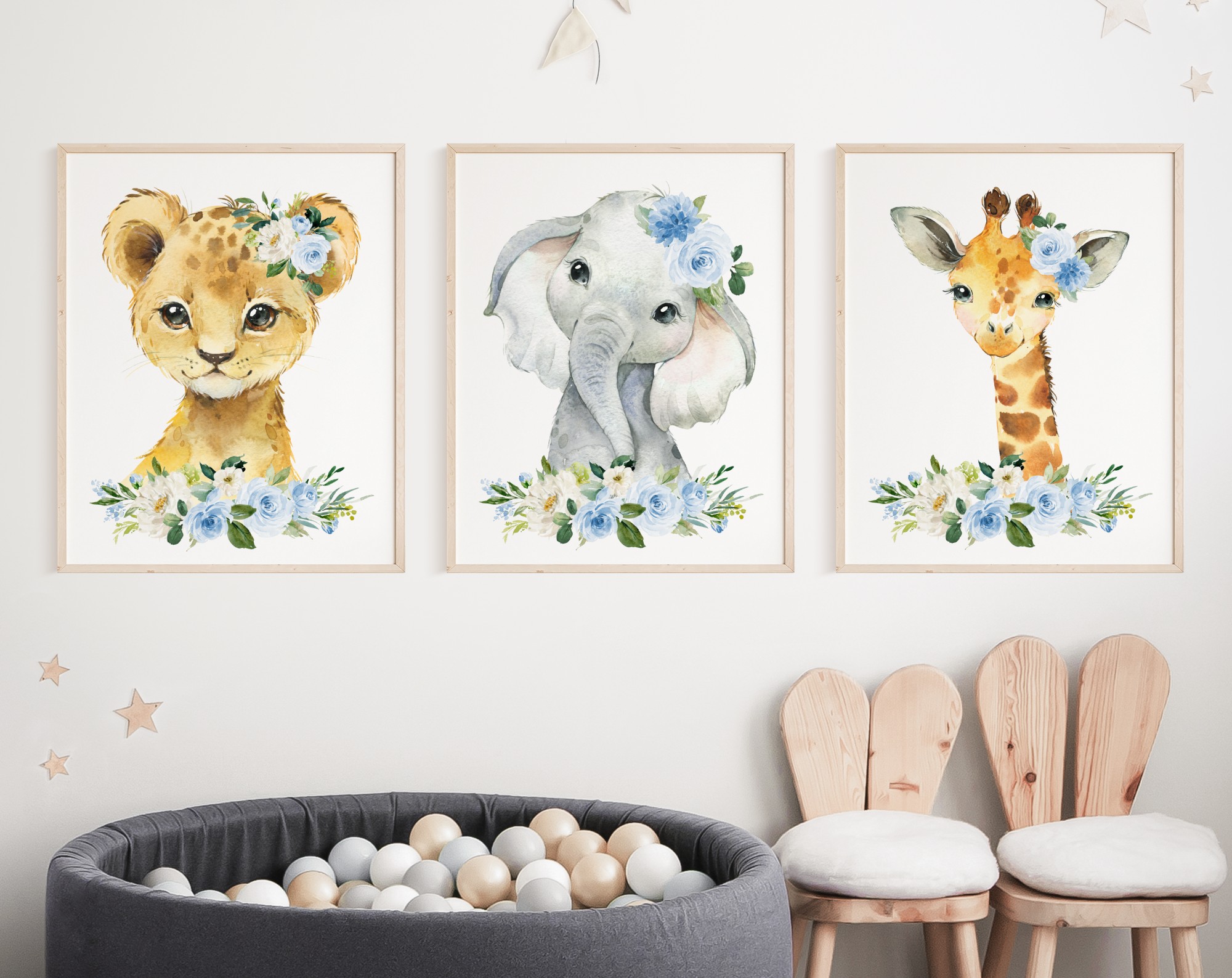 Blue Flowers Jungle Animals Nursery Prints, Nursery Wall Art, Boy Nursery Decor, Printable File, SH11