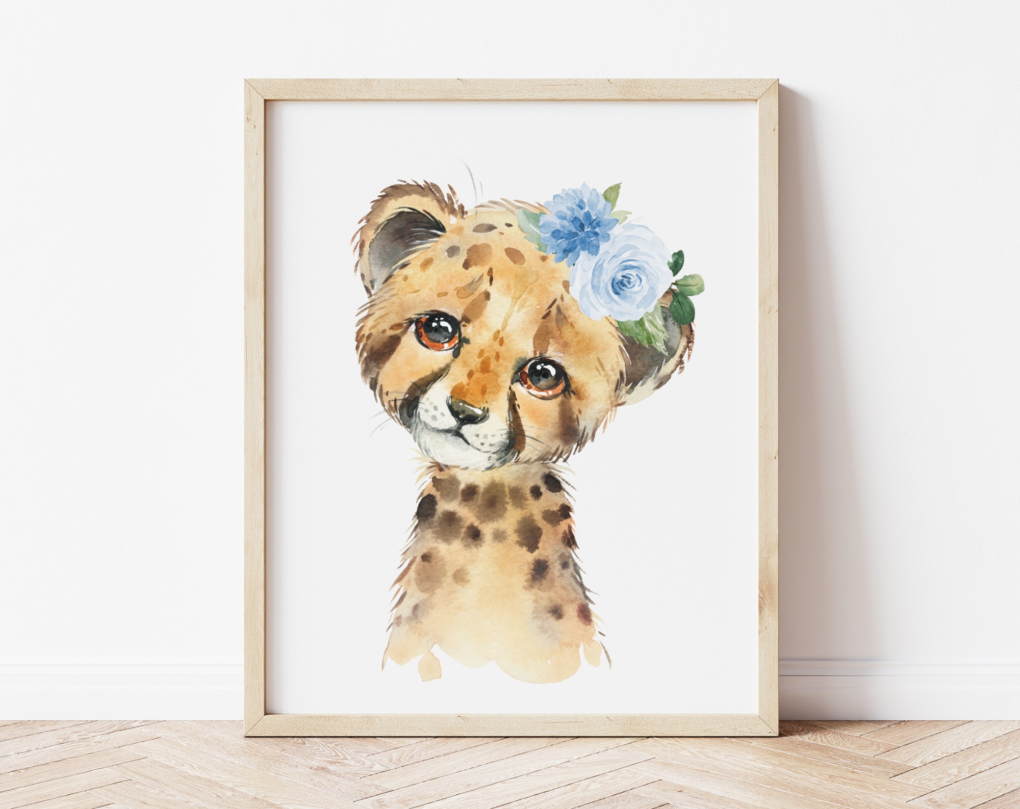 Blue Flowers Cheetah Nursery Prints, Jungle Animals, Nursery Wall Art, Boy Nursery Decor, Printable File, SH11
