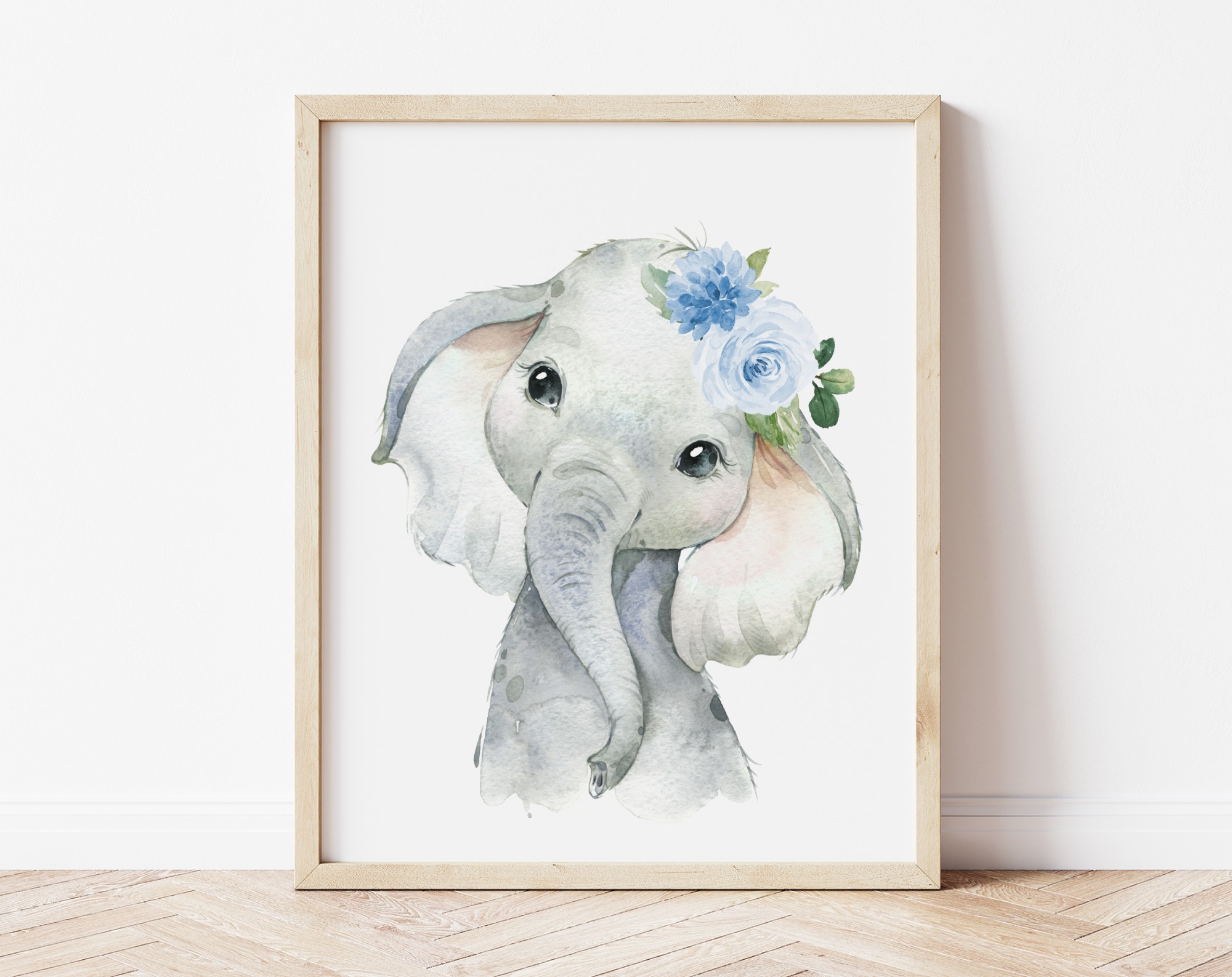 Blue Flowers Elephant Nursery Prints, Jungle Animals, Nursery Wall Art, Boy Nursery Decor, Printable File, SH11