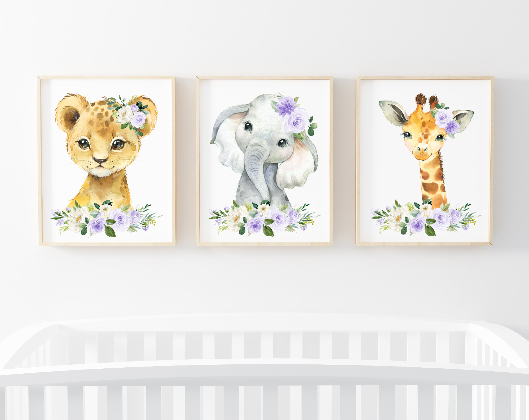 Purple Flowers Jungle Animals Nursery Prints, Nursery Wall Art, Gender Neutral Nursery, Printable File, SH11