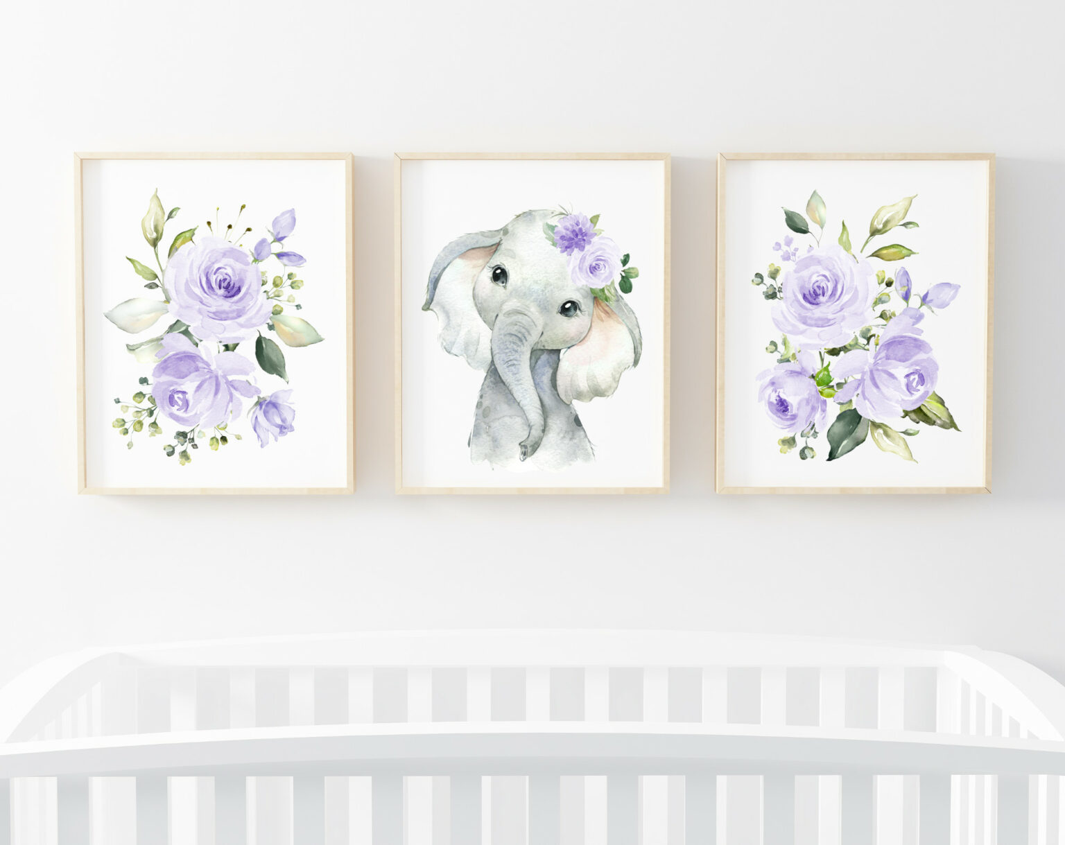 Purple Flowers Elephant Nursery Prints - Set of 3 - Nursery Wall Art