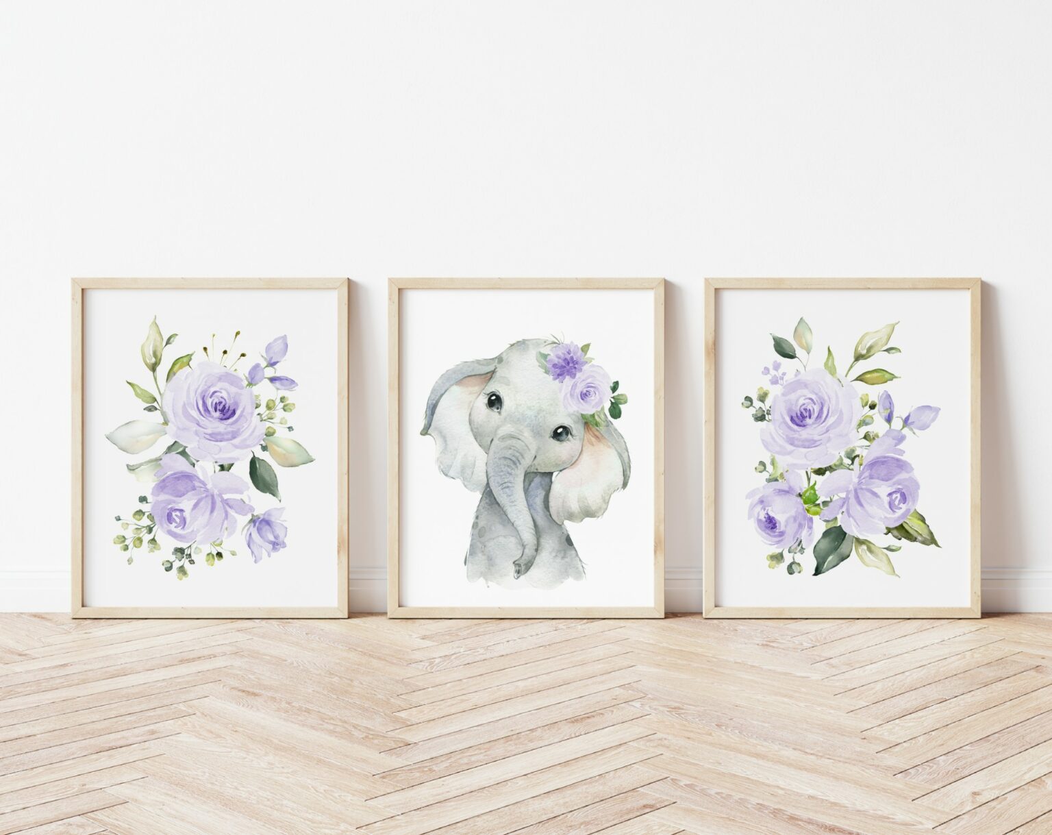 Purple Flowers Elephant Nursery Prints - Set of 3 - Nursery Wall Art