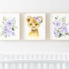 Purple Flowers Lion Nursery Prints, Jungle Animals, Nursery Wall Art, Gender Neutral Nursery, Printable File, SH11
