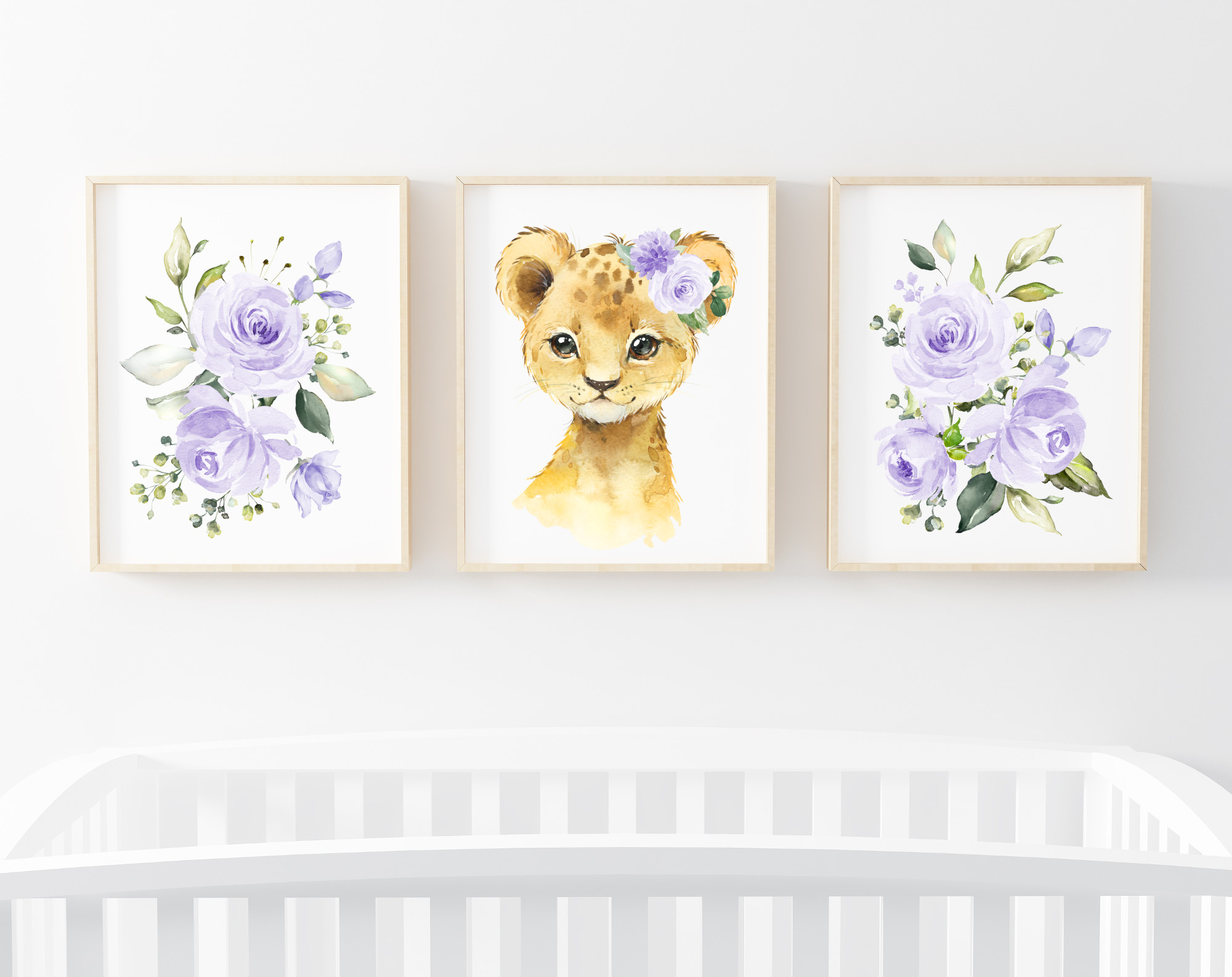 Purple Flowers Lion Nursery Prints, Jungle Animals, Nursery Wall Art, Gender Neutral Nursery, Printable File, SH11