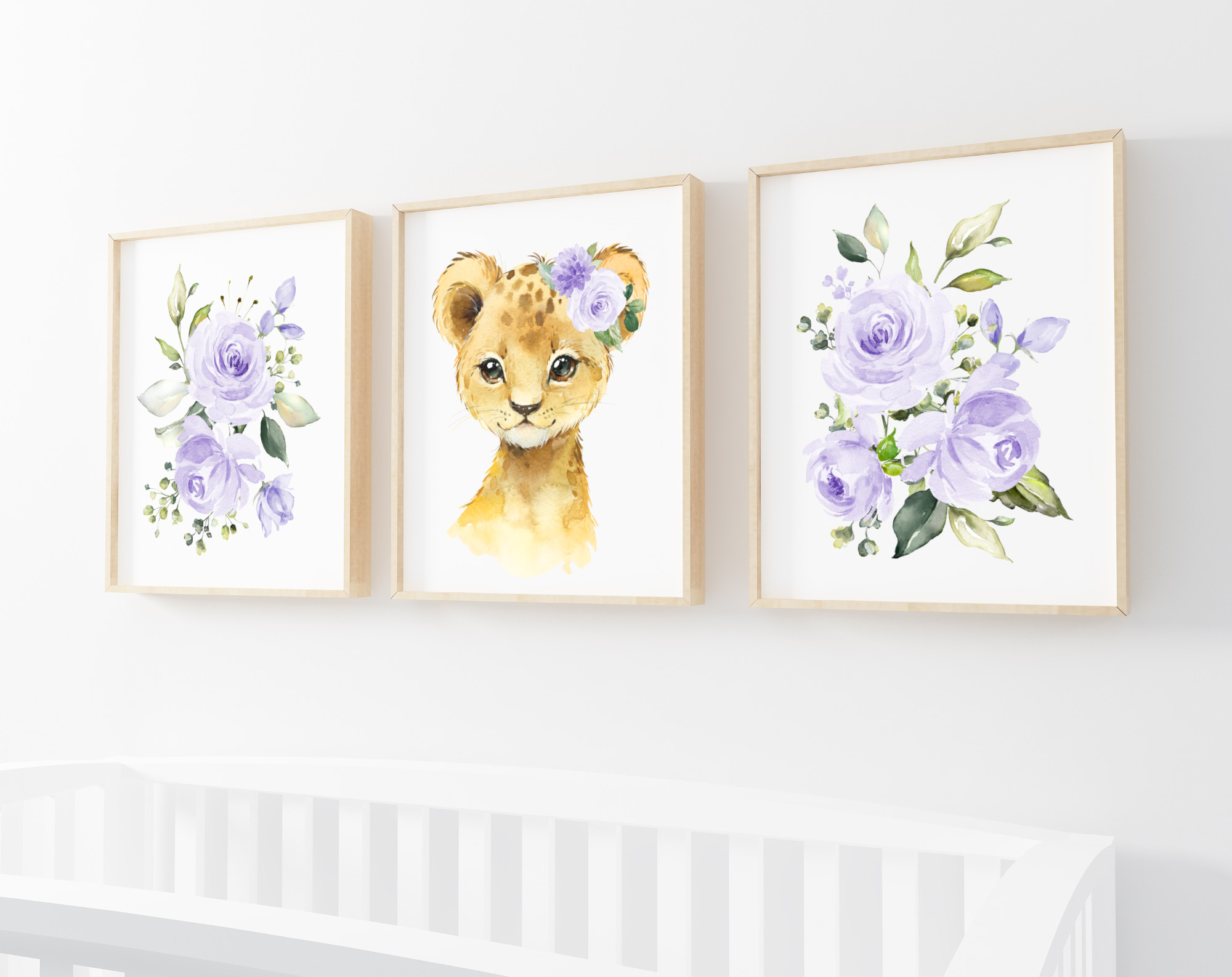 Purple Flowers Lion Nursery Prints, Jungle Animals, Nursery Wall Art, Gender Neutral Nursery, Printable File, SH11