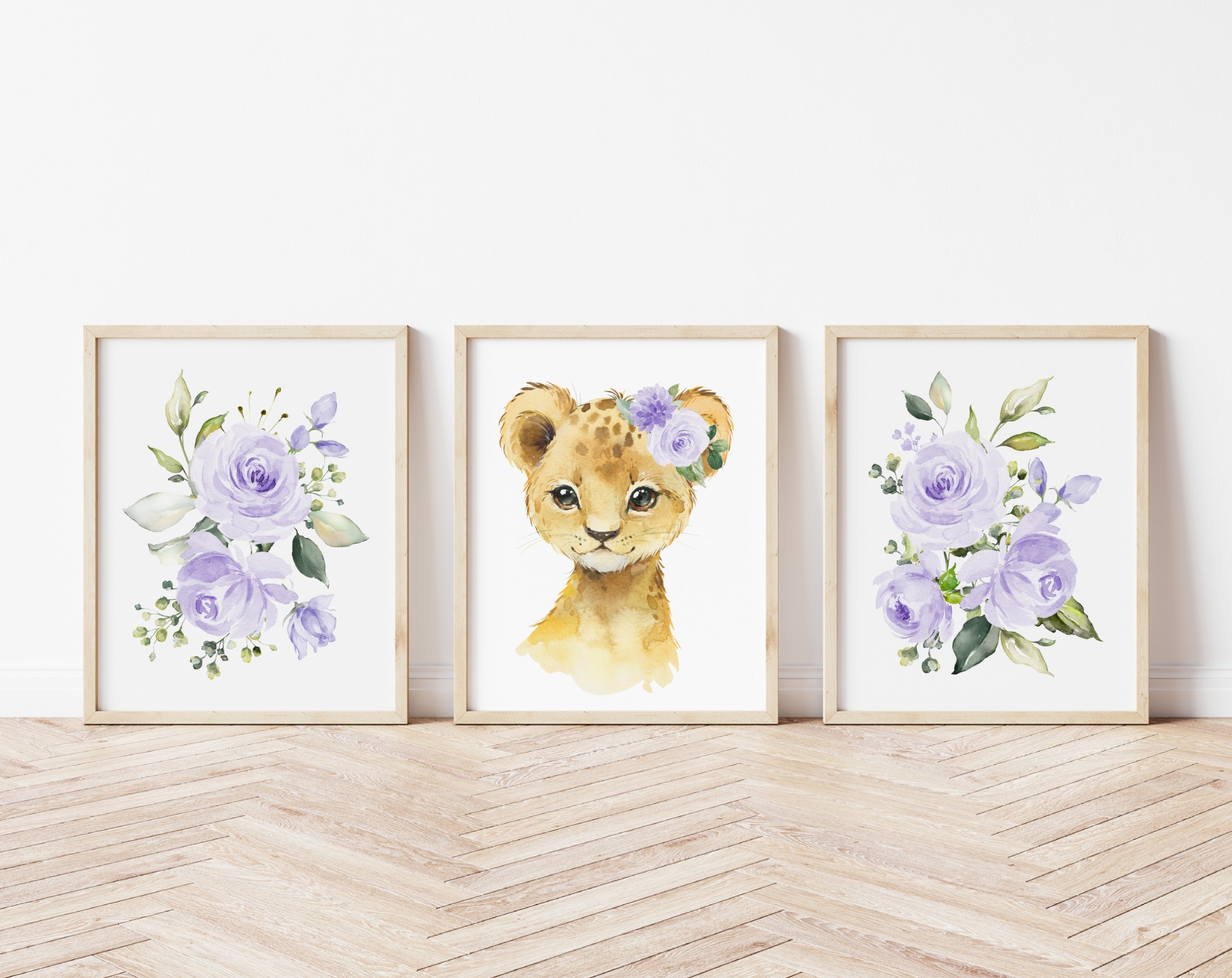 Purple Flowers Lion Nursery Prints, Jungle Animals, Nursery Wall Art, Gender Neutral Nursery, Printable File, SH11