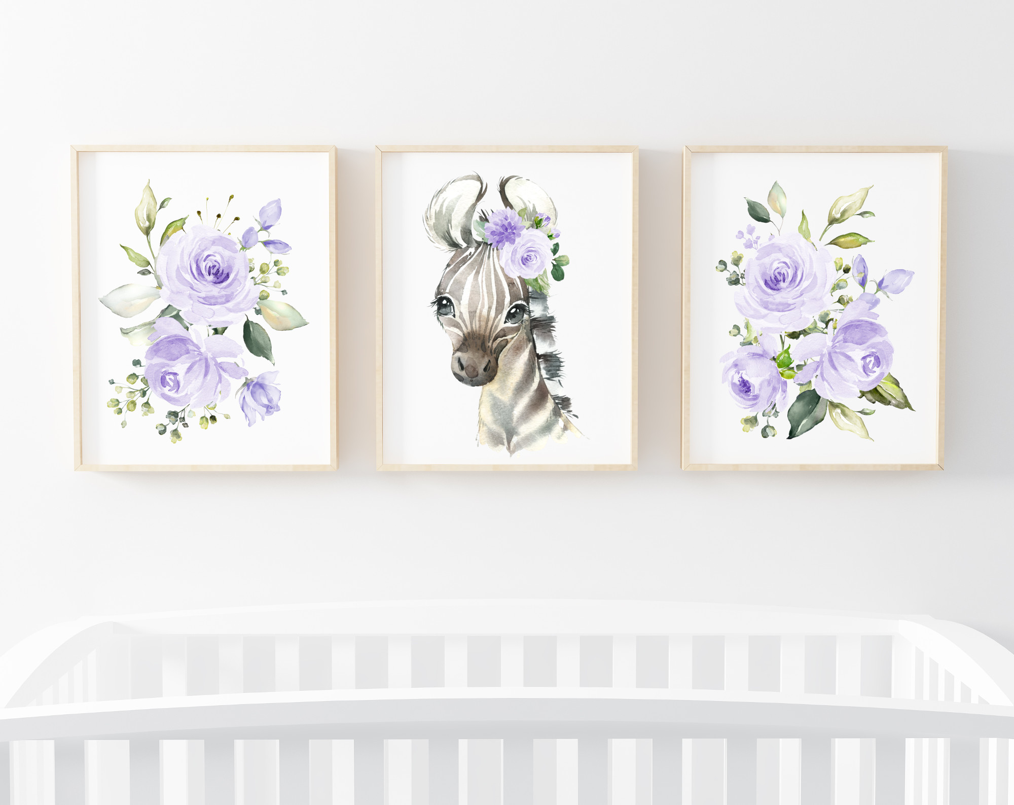 Purple Flowers Zebra Nursery Prints, Jungle Animals, Nursery Wall Art, Gender Neutral Nursery, Printable File, SH11