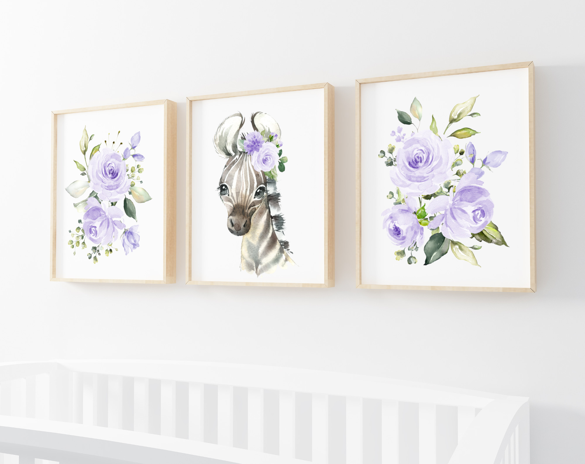 Purple Flowers Zebra Nursery Prints, Jungle Animals, Nursery Wall Art, Gender Neutral Nursery, Printable File, SH11