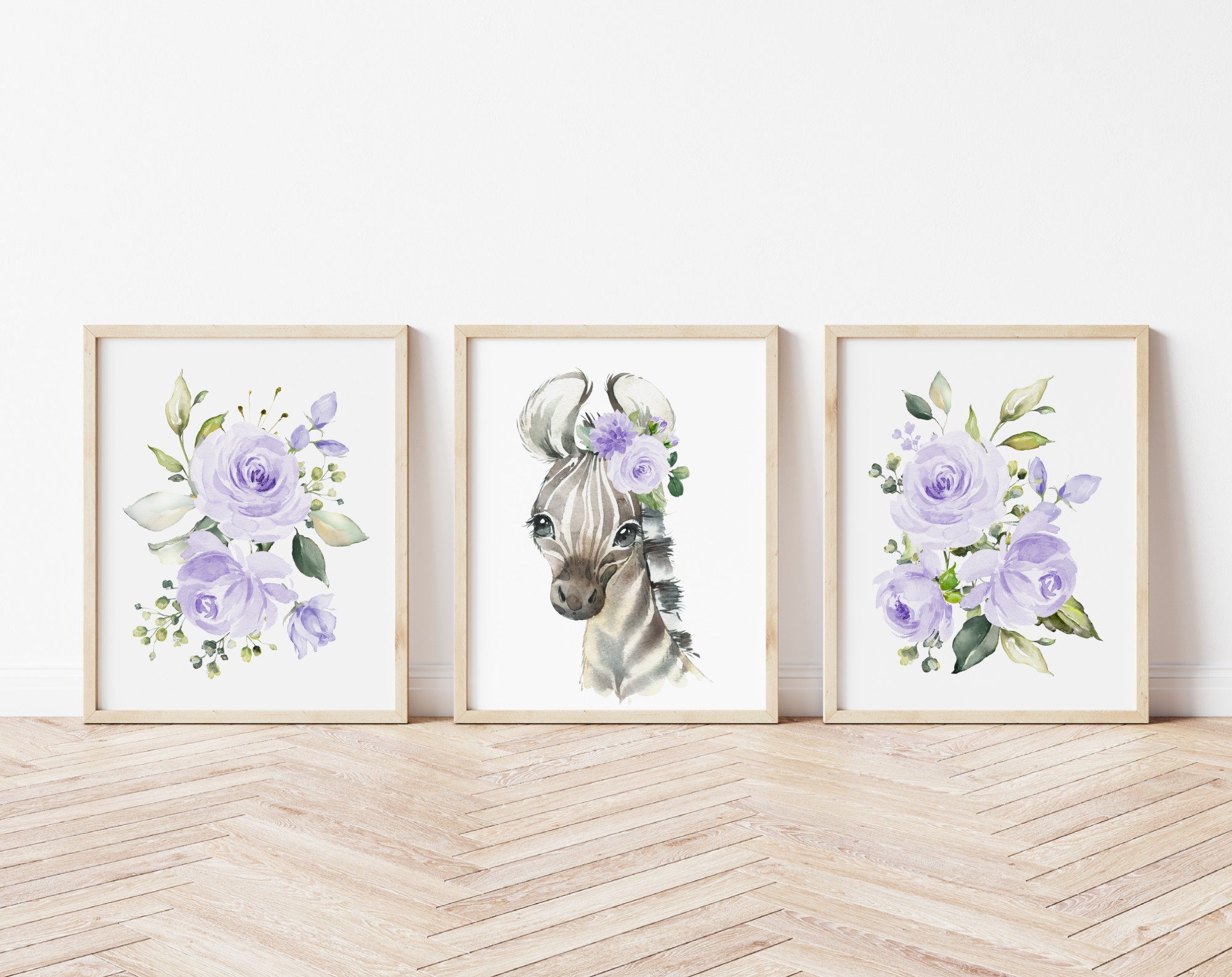 Purple Flowers Zebra Nursery Prints, Jungle Animals, Nursery Wall Art, Gender Neutral Nursery, Printable File, SH11