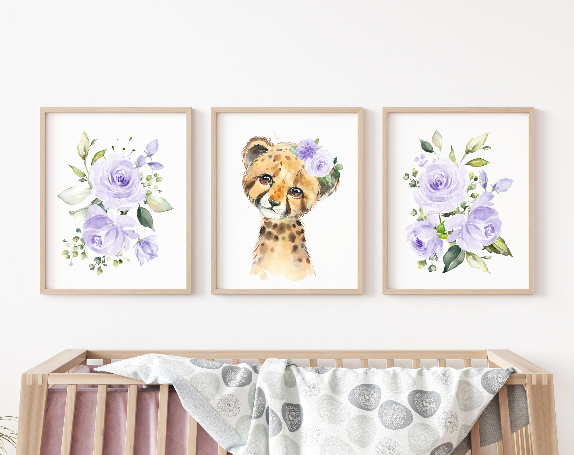 Purple Flowers Cheetah Nursery Prints, Jungle Animals, Nursery Wall Art, Gender Neutral Nursery, Printable File, SH11