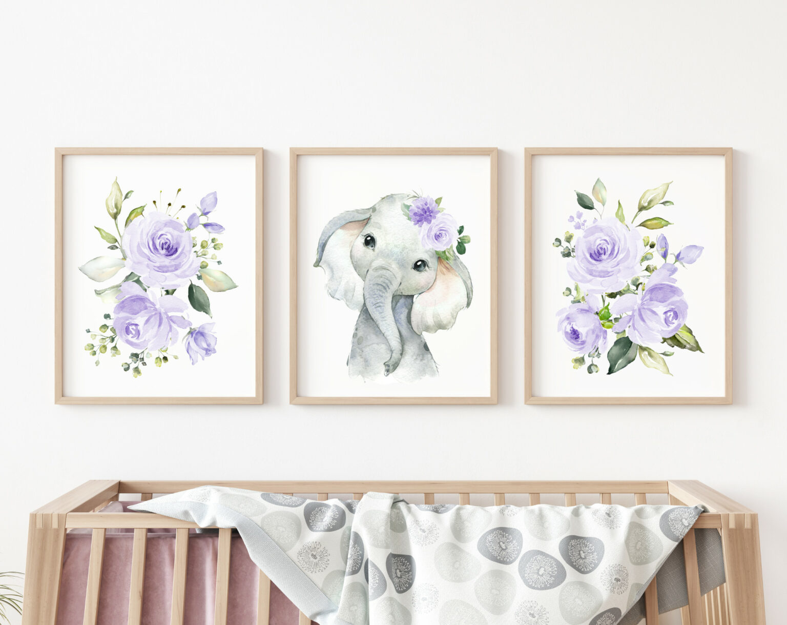 Purple Flowers Elephant Nursery Prints - Set of 3 - Nursery Wall Art