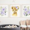 Purple Flowers Lion Nursery Prints, Jungle Animals, Nursery Wall Art, Gender Neutral Nursery, Printable File, SH11