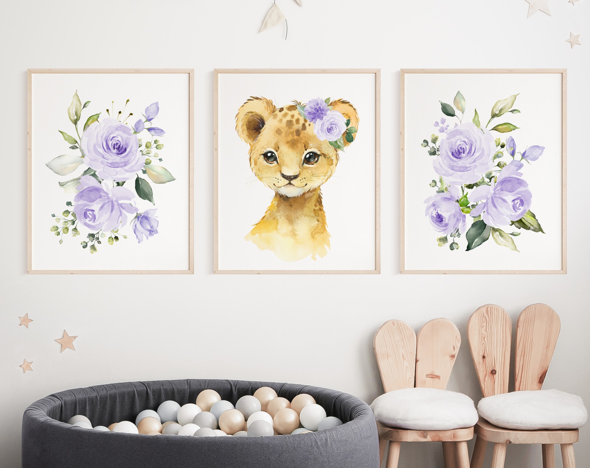 Purple Flowers Lion Nursery Prints, Jungle Animals, Nursery Wall Art, Gender Neutral Nursery, Printable File, SH11