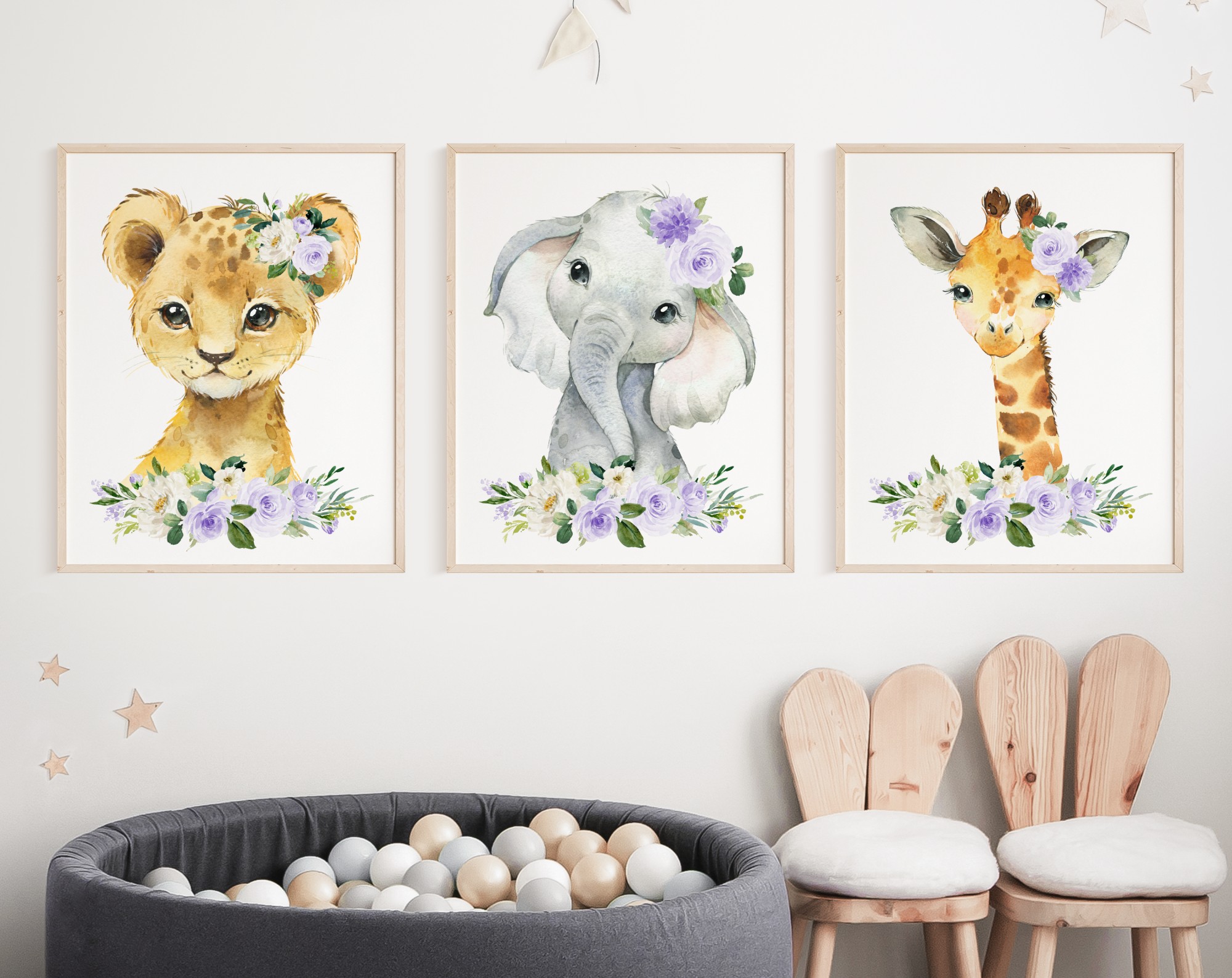 Purple Flowers Jungle Animals Nursery Prints, Nursery Wall Art, Gender Neutral Nursery, Printable File, SH11