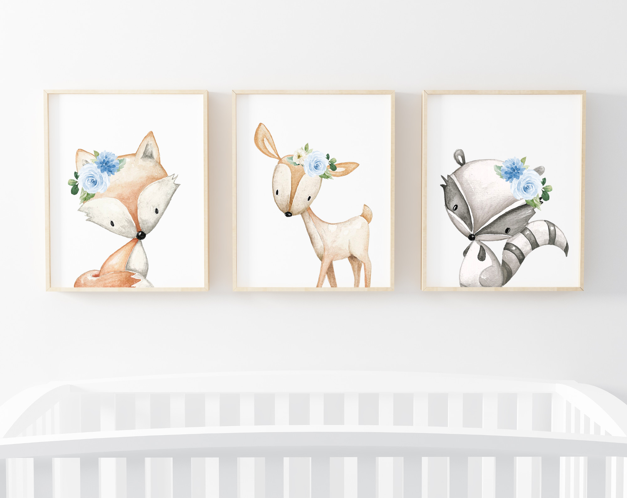 Blue Flowers Boho Woodland Animals Nursery Prints, Nursery Wall Art, Boy Nursery Decor, Printable File, SH12