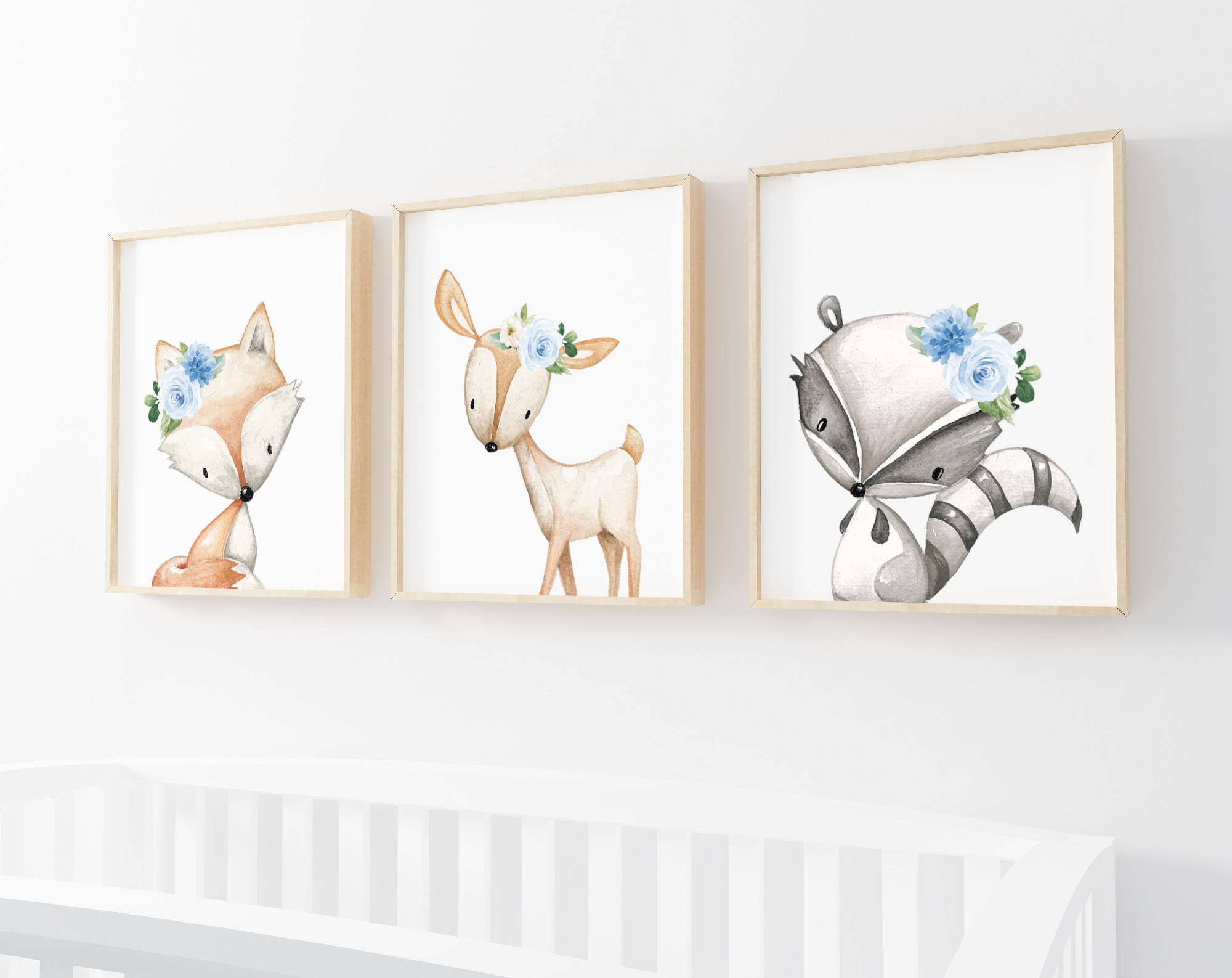 Blue Flowers Boho Woodland Animals Nursery Prints, Nursery Wall Art, Boy Nursery Decor, Printable File, SH12