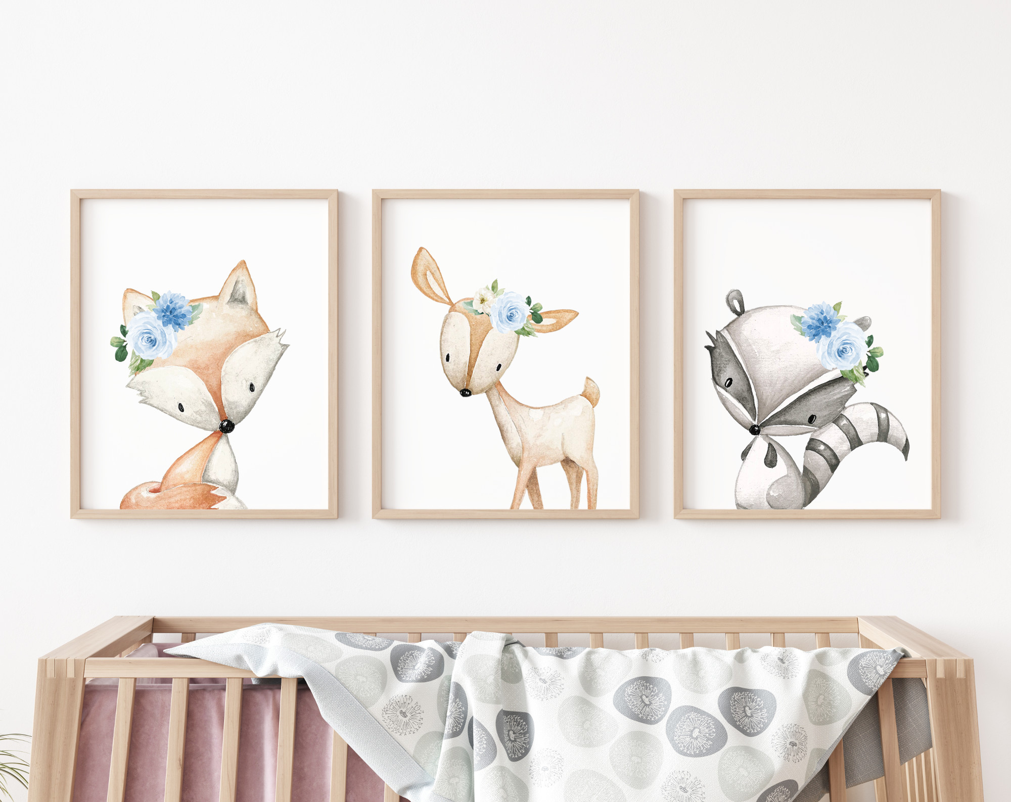 Blue Flowers Boho Woodland Animals Nursery Prints, Nursery Wall Art, Boy Nursery Decor, Printable File, SH12