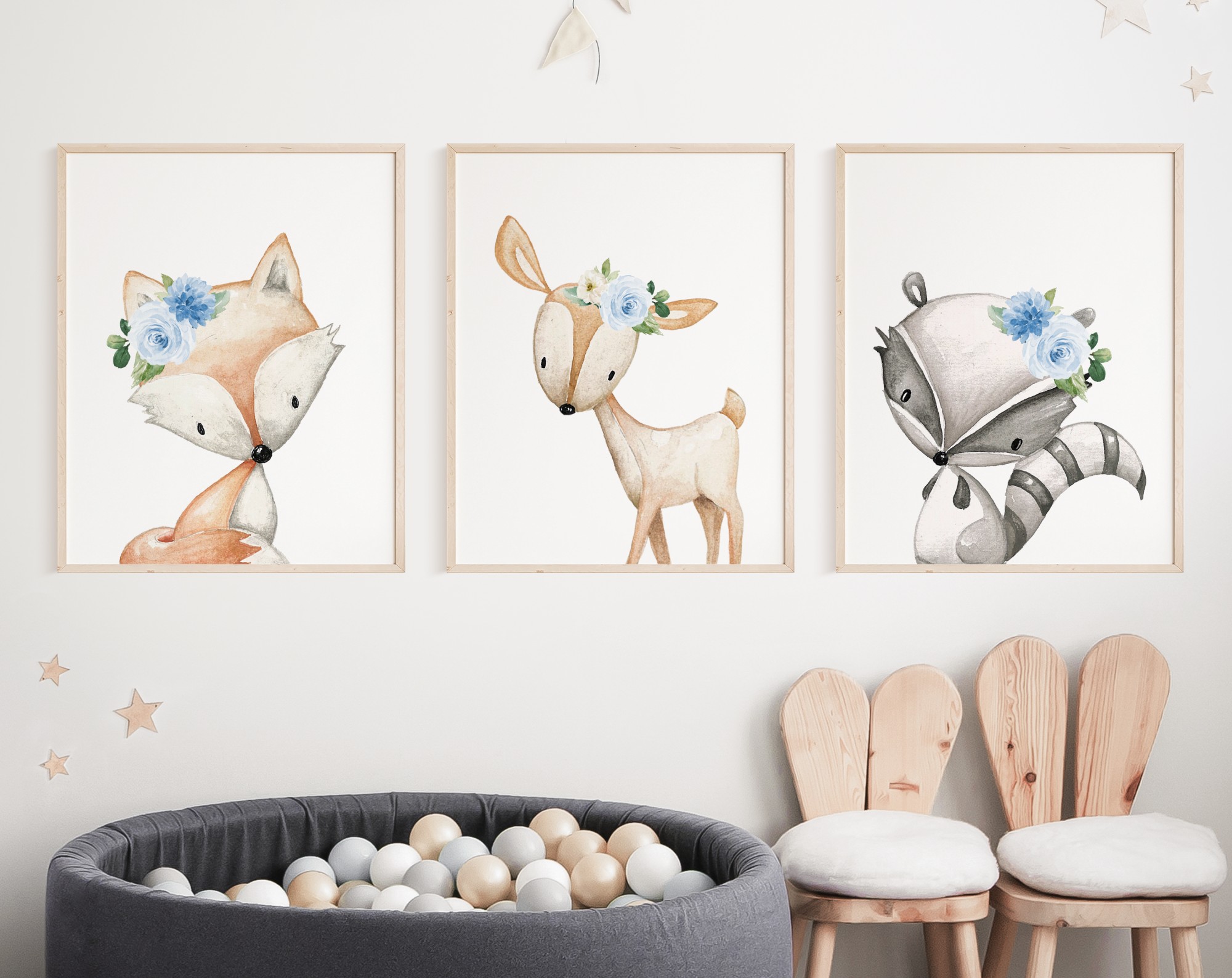 Blue Flowers Boho Woodland Animals Nursery Prints, Nursery Wall Art, Boy Nursery Decor, Printable File, SH12