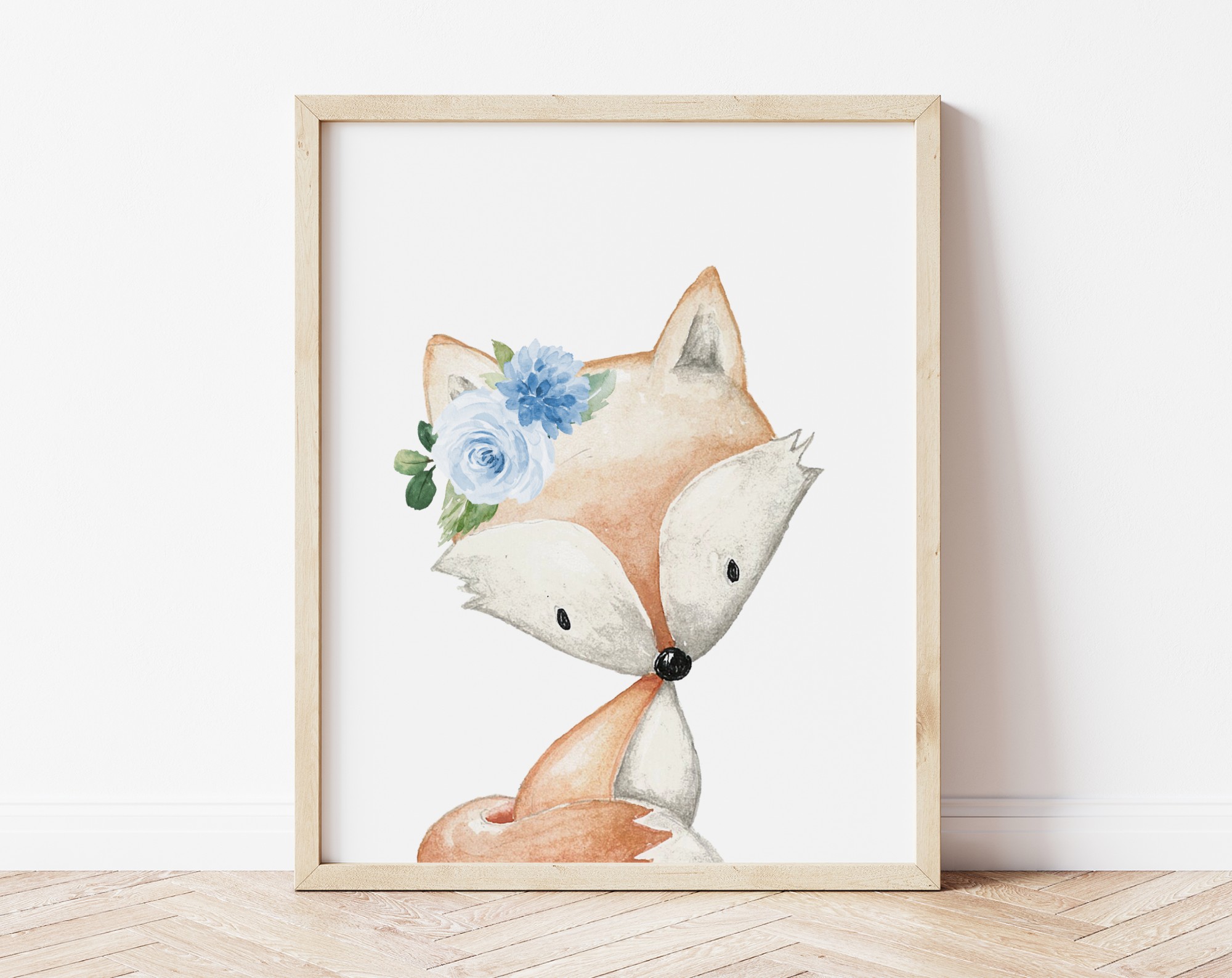 Blue Flowers Boho Woodland Animals Nursery Prints, Nursery Wall Art, Boy Nursery Decor, Printable File, SH12