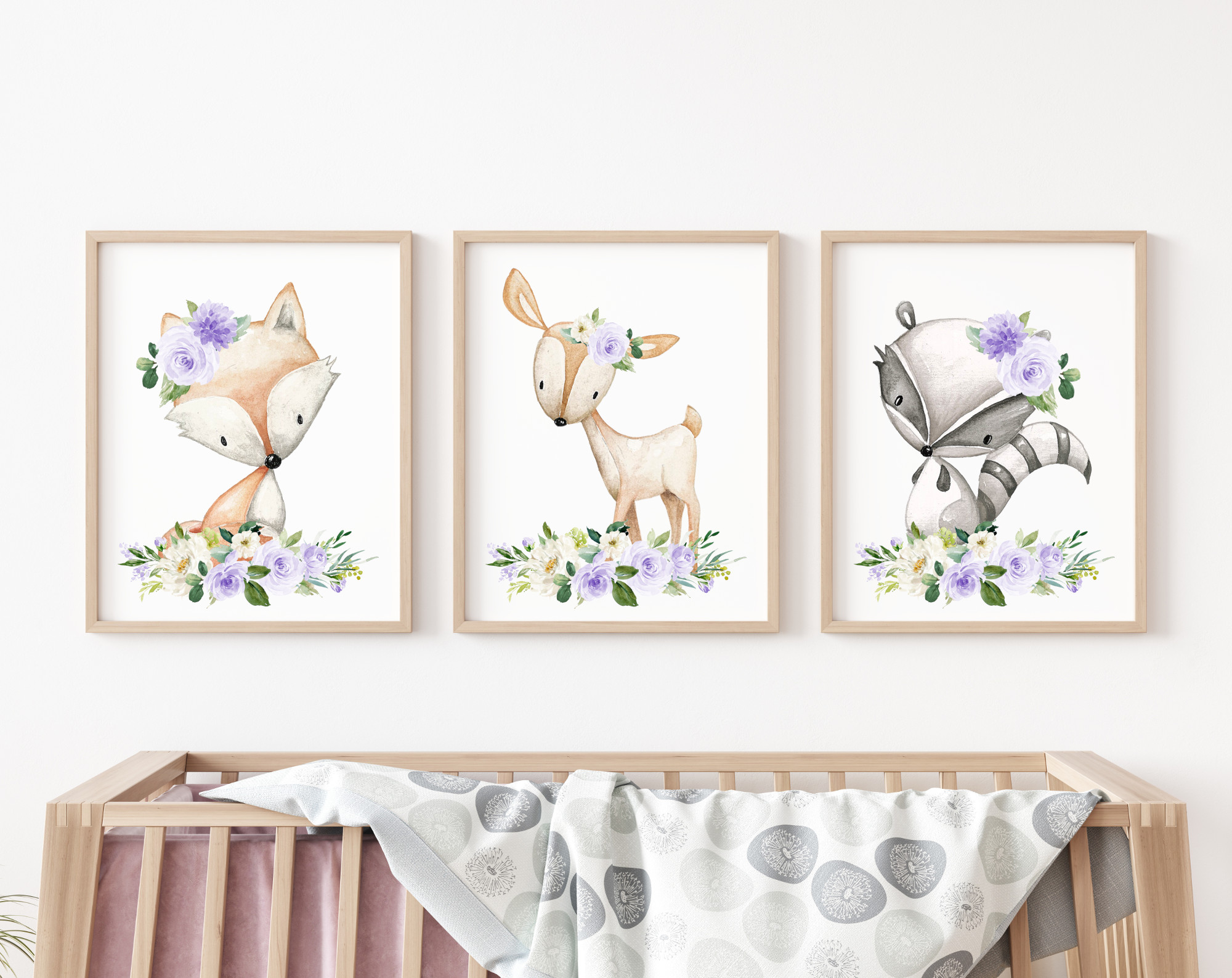 Purple Flowers Boho Woodland Animals Nursery Wall Art, Nursery Prints, Gender Neutral Nursery, Printable File, SH12