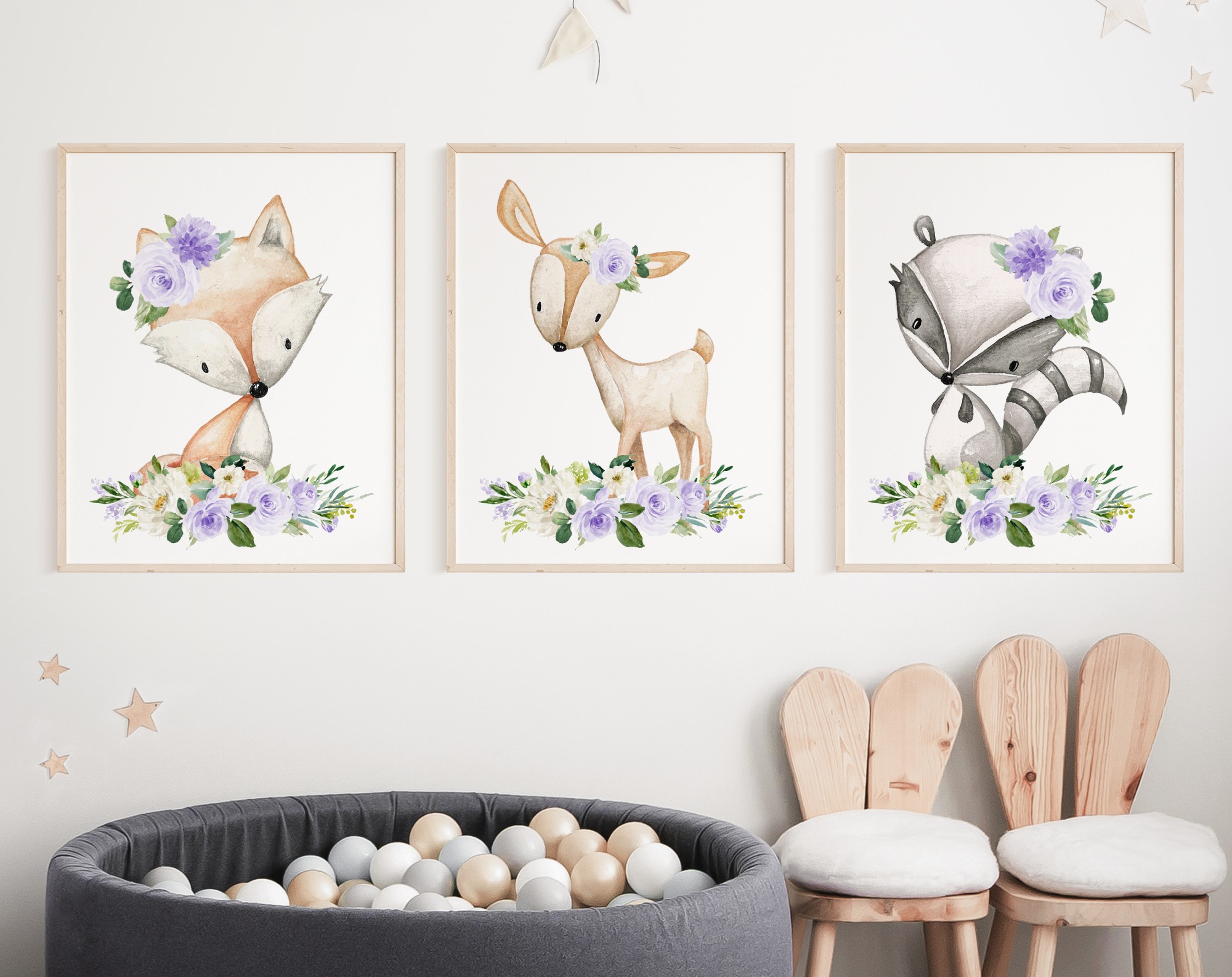 Purple Flowers Boho Woodland Animals Nursery Wall Art, Nursery Prints, Gender Neutral Nursery, Printable File, SH12