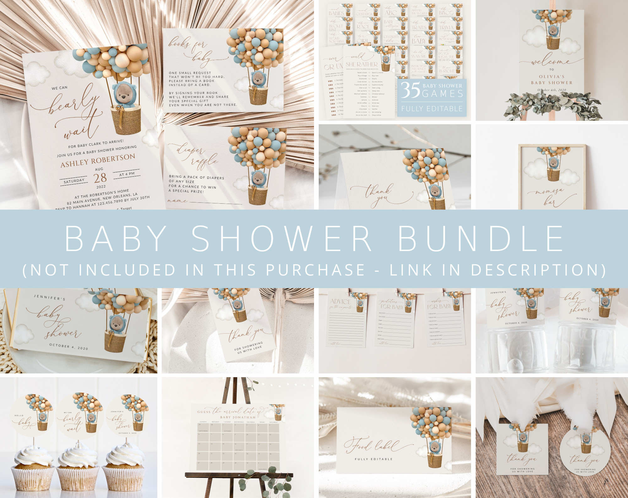 Bear and Blue Balloons Baby Shower Bundle, Boy Baby Shower, Printable File, Edit Yourself, SH17