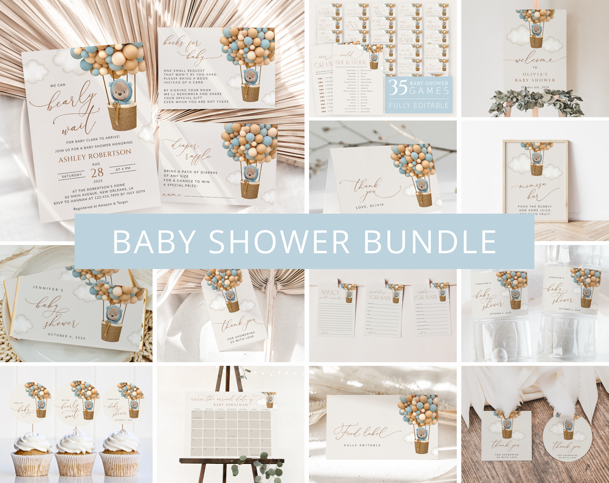 Bear and Blue Balloons Baby Shower Bundle, Boy Baby Shower, Printable File, Edit Yourself, SH17 Bear and Blue Balloons Baby Shower Bundle, Boy Baby Shower, Printable File, Edit Yourself, SH17