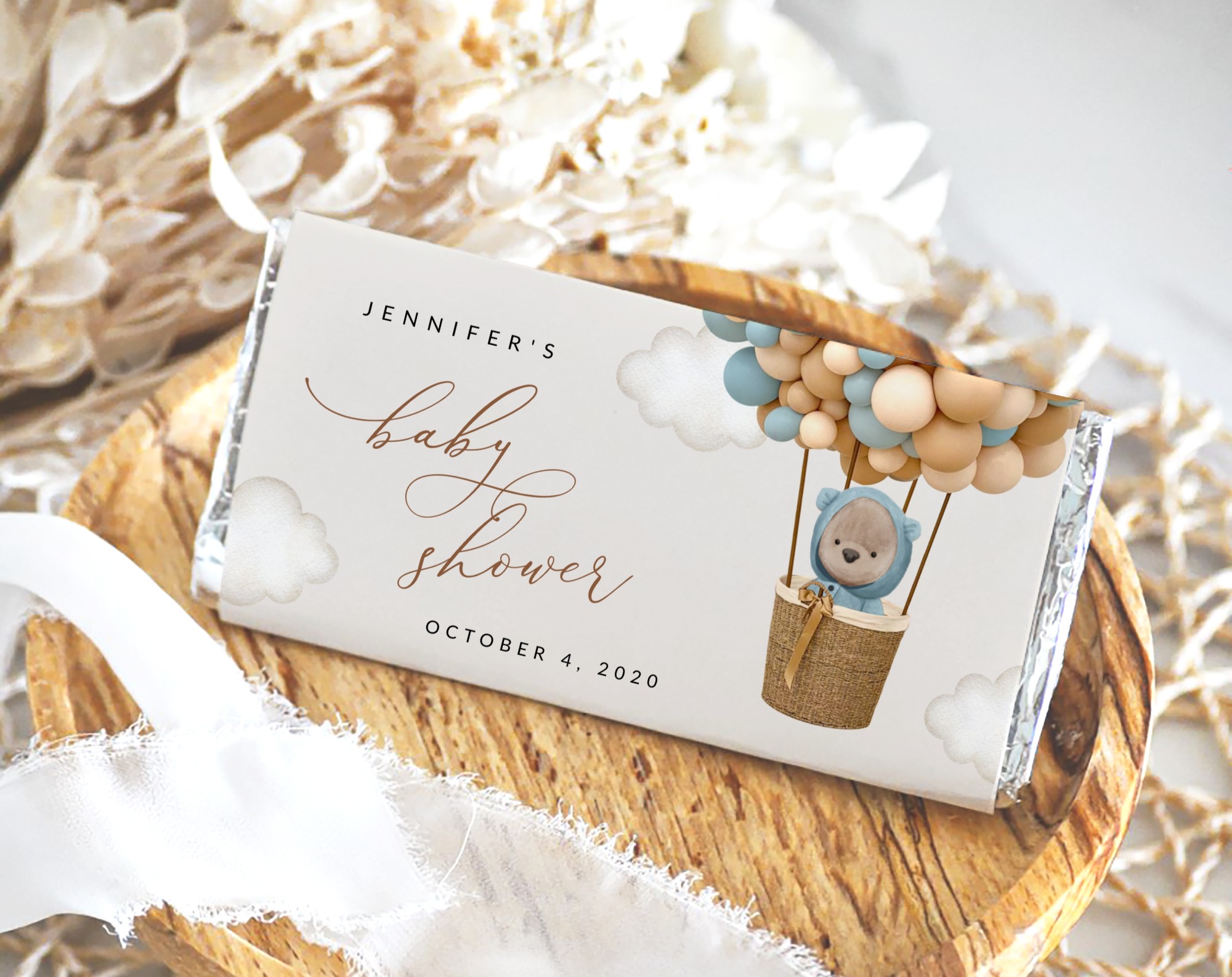Bear and Blue Balloons Chocolate Bar Wrapper, Candy Bar Wrapper, Boy Baby Shower, Printable File, Edit Yourself, SH17