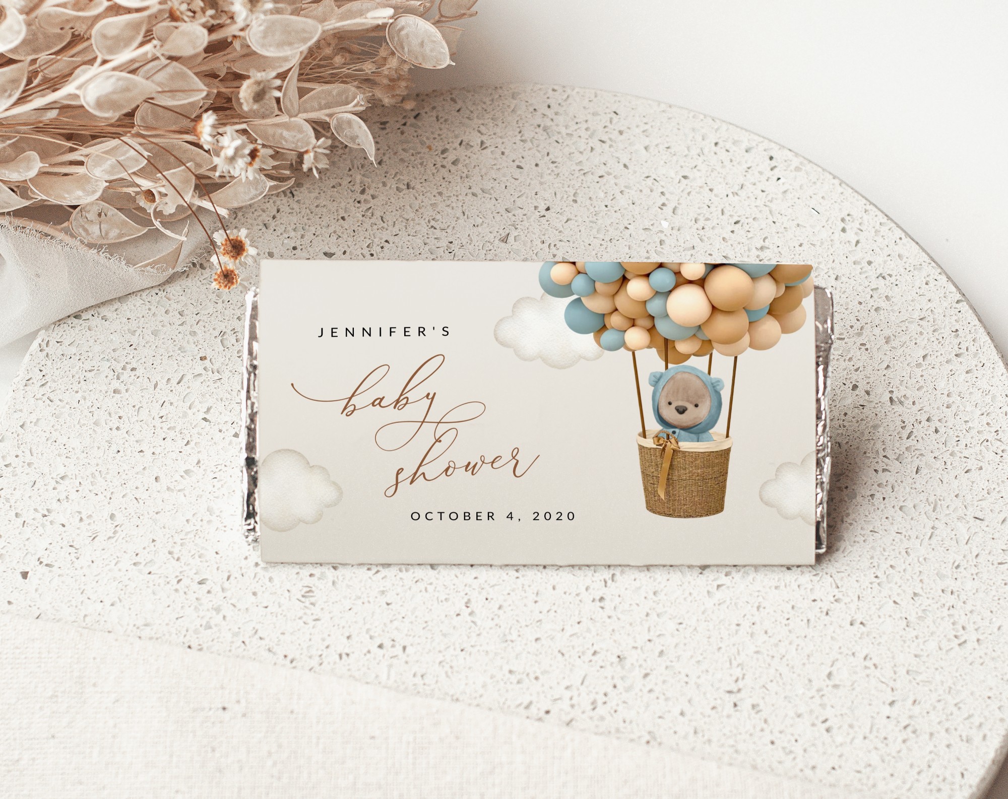 Bear and Blue Balloons Chocolate Bar Wrapper, Candy Bar Wrapper, Boy Baby Shower, Printable File, Edit Yourself, SH17