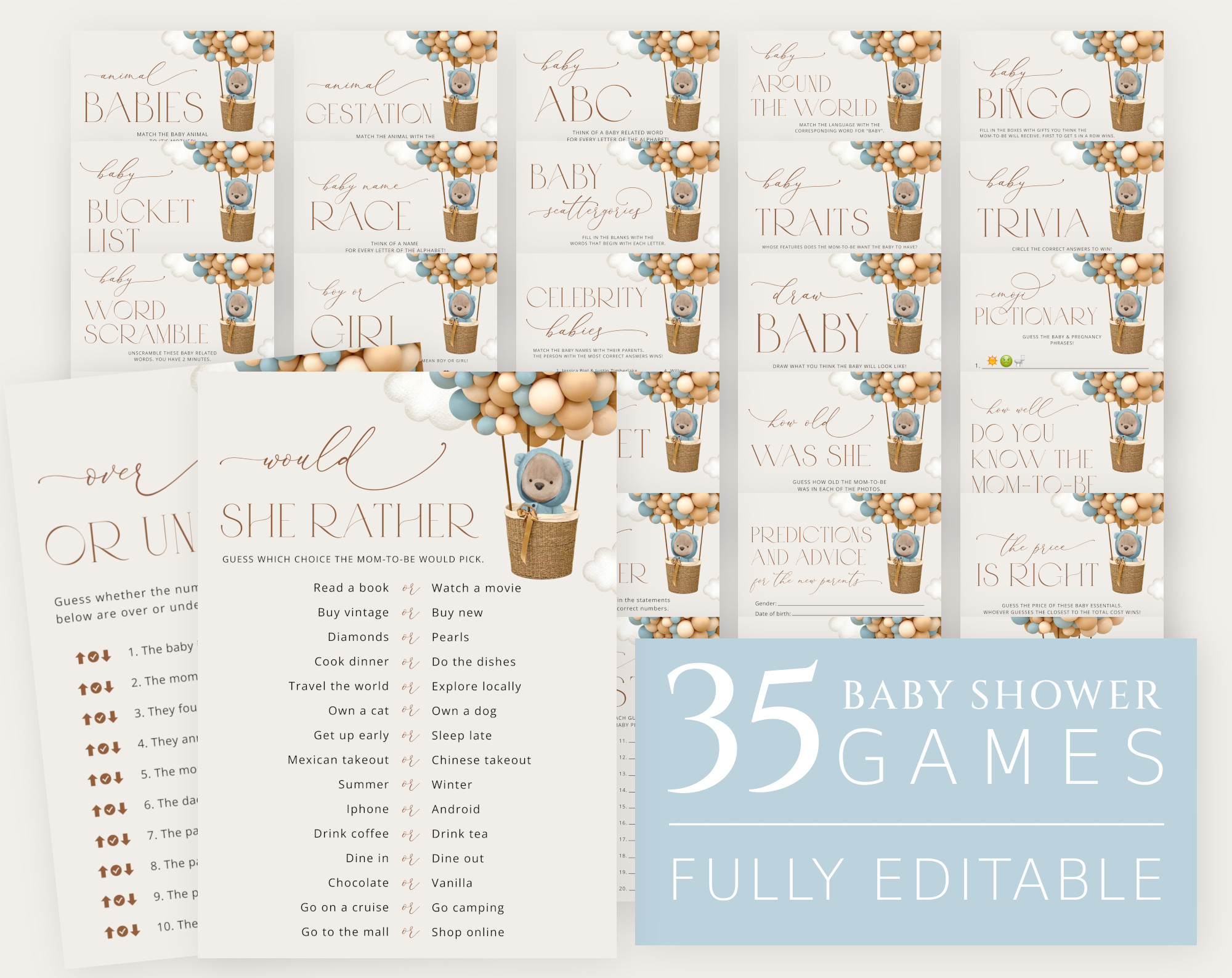 Bear and Blue Balloons Baby Shower Games Bundle, Set of 35 Games, Boy Baby Shower, Printable File, Edit Yourself, SH17 Bear and Blue Balloons Baby Shower Games Bundle, Set of 35 Games, Boy Baby Shower, Printable File, Edit Yourself, SH17
