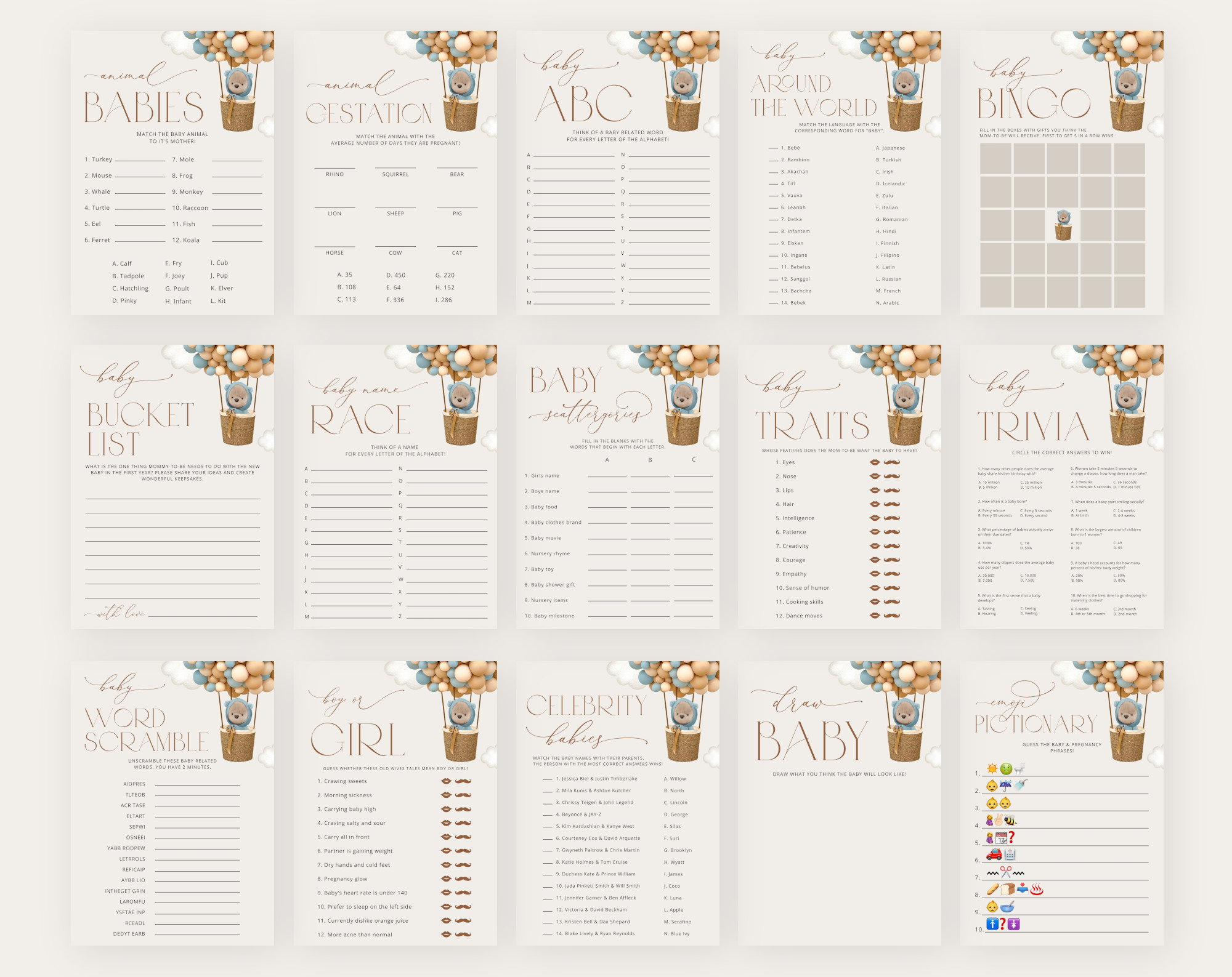 Bear and Blue Balloons Baby Shower Games Bundle, Set of 35 Games, Boy Baby Shower, Printable File, Edit Yourself, SH17 Bear and Blue Balloons Baby Shower Games Bundle, Set of 35 Games, Boy Baby Shower, Printable File, Edit Yourself, SH17