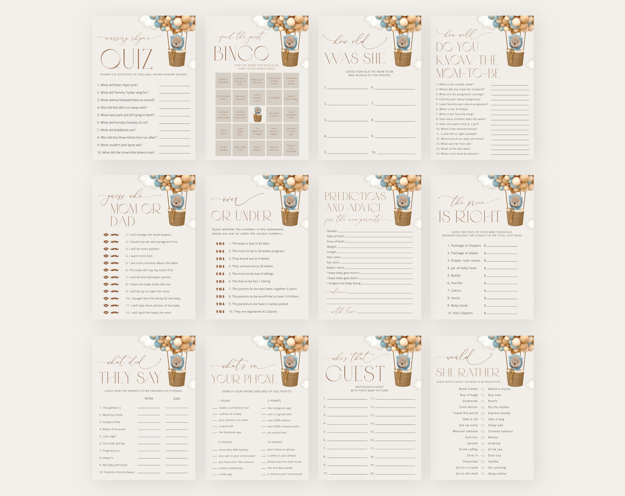 Bear and Blue Balloons Baby Shower Games Bundle, Set of 35 Games, Boy Baby Shower, Printable File, Edit Yourself, SH17 Bear and Blue Balloons Baby Shower Games Bundle, Set of 35 Games, Boy Baby Shower, Printable File, Edit Yourself, SH17