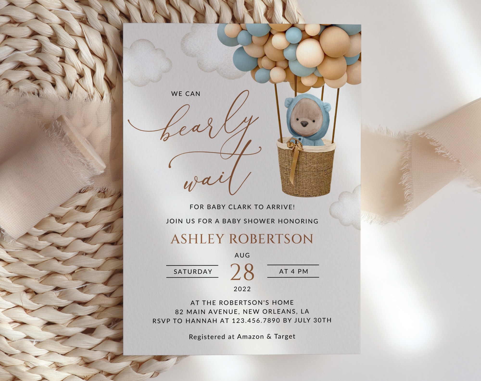 Bear and Blue Balloons Baby Shower Invitation, Boy Baby Shower, Printable File, Edit Yourself, SH17