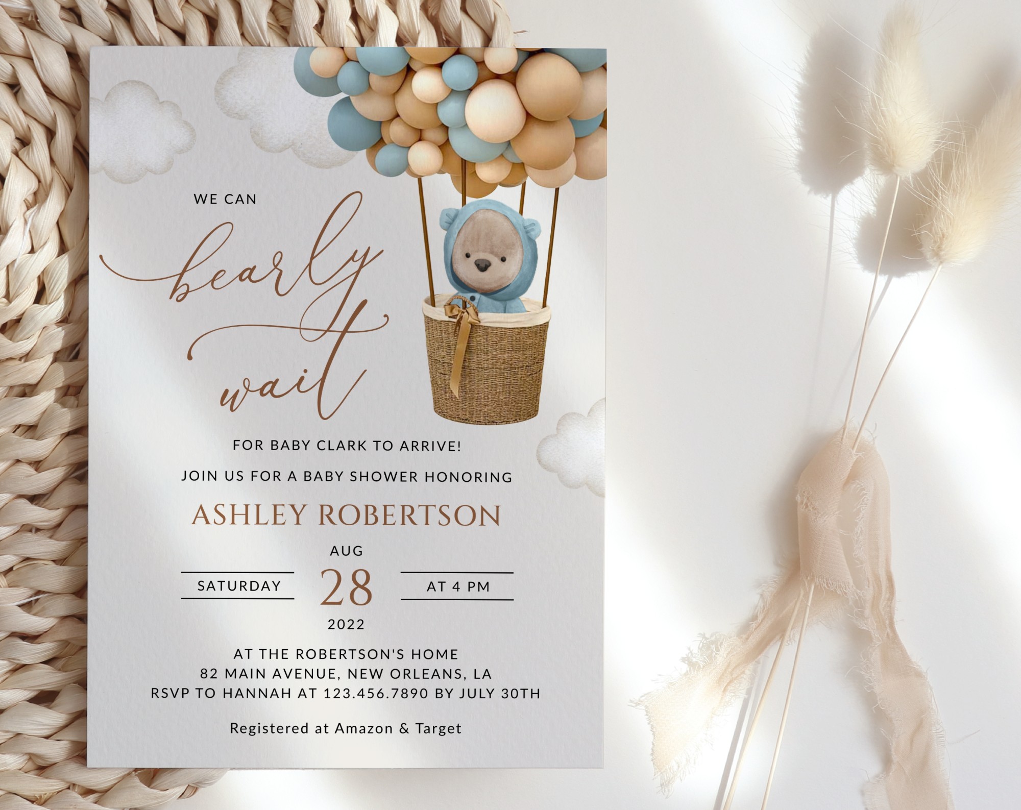 Bear and Blue Balloons Baby Shower Invitation, Boy Baby Shower, Printable File, Edit Yourself, SH17