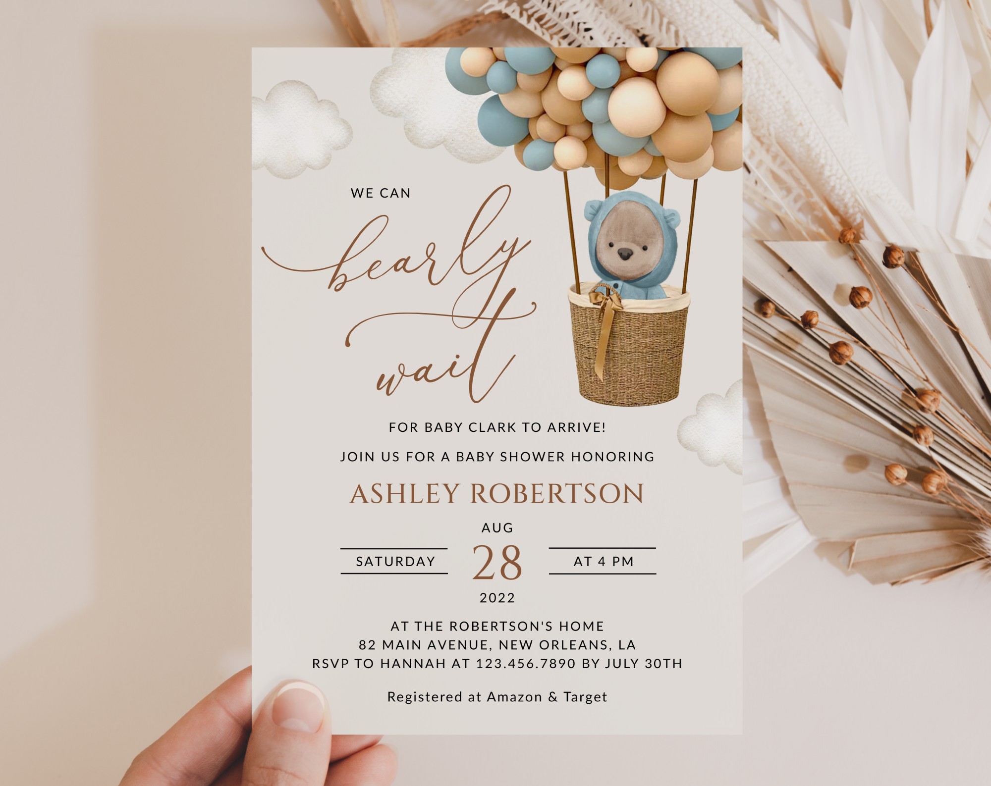 Bear and Blue Balloons Baby Shower Invitation, Boy Baby Shower, Printable File, Edit Yourself, SH17