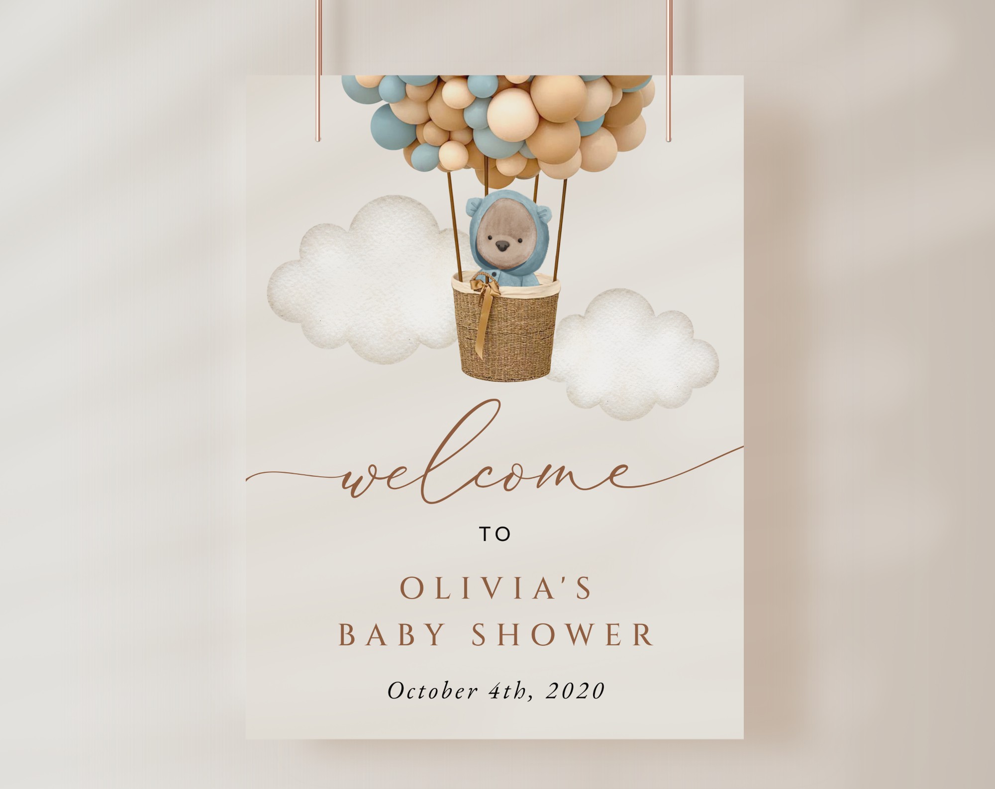 Bear and Blue Balloons Welcome Sign, Baby Shower Sign, Boy Baby Shower, Printable File, Edit Yourself, SH17