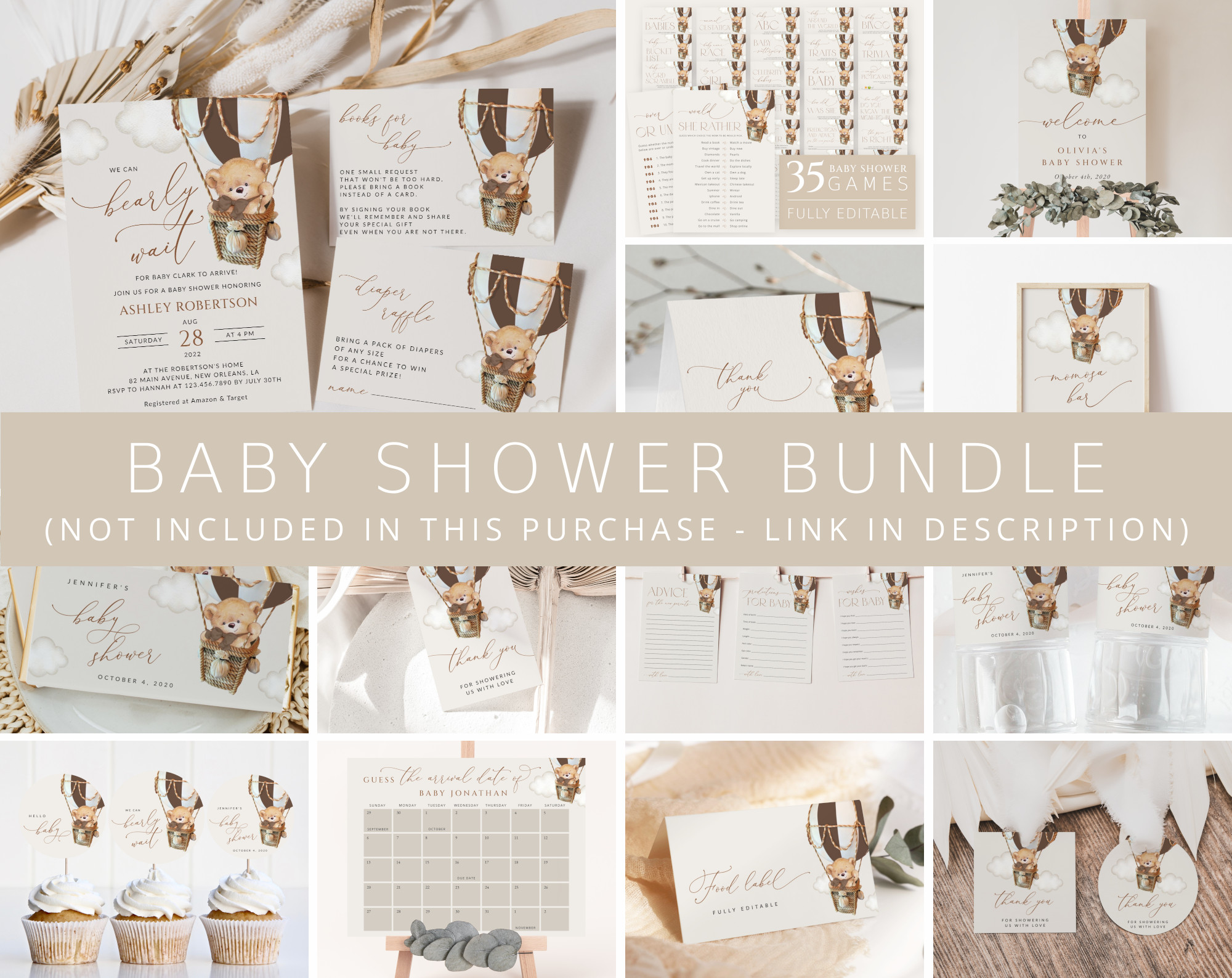 Bear in Brown Balloon Baby Shower Bundle, Gender Neutral Baby Shower, Printable File, Edit Yourself, SH19 Bear in Brown Balloon Baby Shower Bundle, Gender Neutral Baby Shower, Printable File, Edit Yourself, SH19