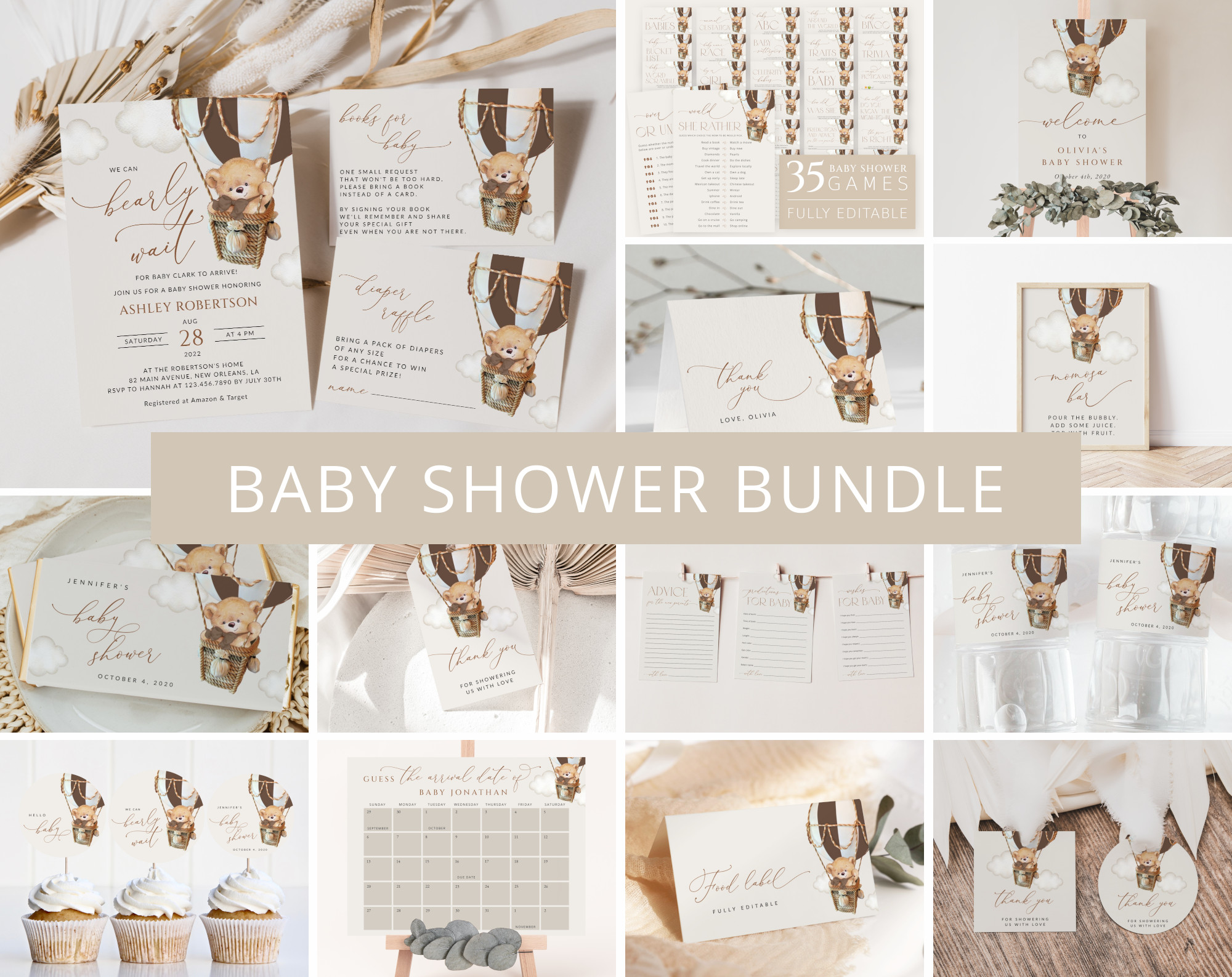 Bear in Brown Balloon Baby Shower Bundle, Gender Neutral Baby Shower, Printable File, Edit Yourself, SH19 Bear in Brown Balloon Baby Shower Bundle, Gender Neutral Baby Shower, Printable File, Edit Yourself, SH19