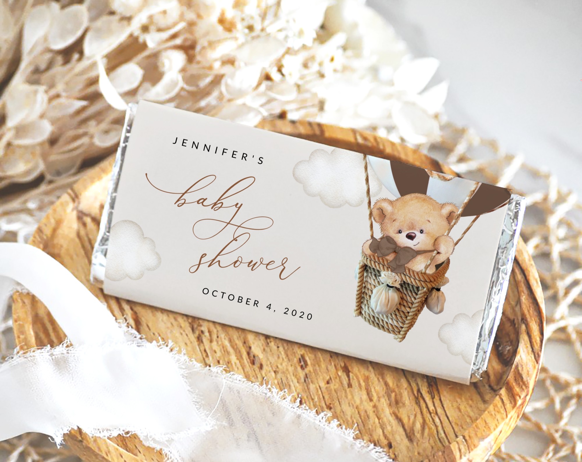 Bear in Brown Balloon Chocolate Bar Wrapper, Candy Bar Wrapper, Gender Neutral Baby Shower, Printable File, Edit Yourself, SH19