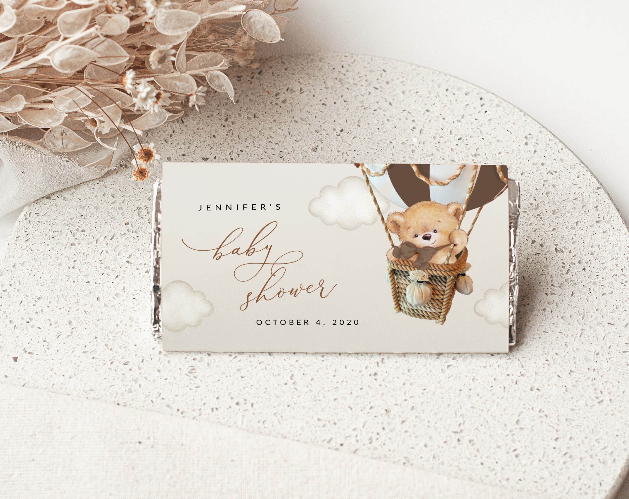 Bear in Brown Balloon Chocolate Bar Wrapper, Candy Bar Wrapper, Gender Neutral Baby Shower, Printable File, Edit Yourself, SH19