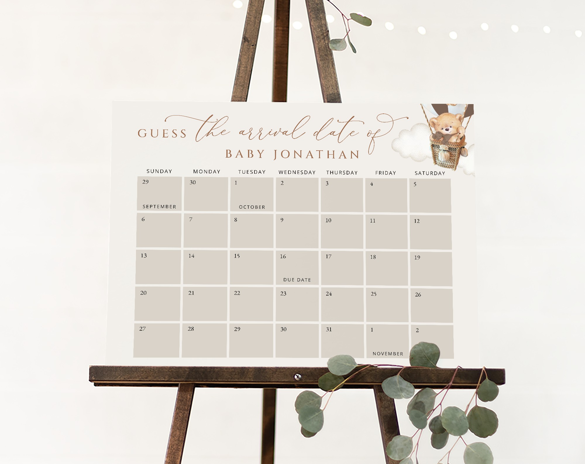 Bear in Brown Balloon Guess the Due Date, Baby Shower Game, Gender Neutral Baby Shower, Printable File, Edit Yourself, SH19 Bear in Brown Balloon Guess the Due Date, Baby Shower Game, Gender Neutral Baby Shower, Printable File, Edit Yourself, SH19