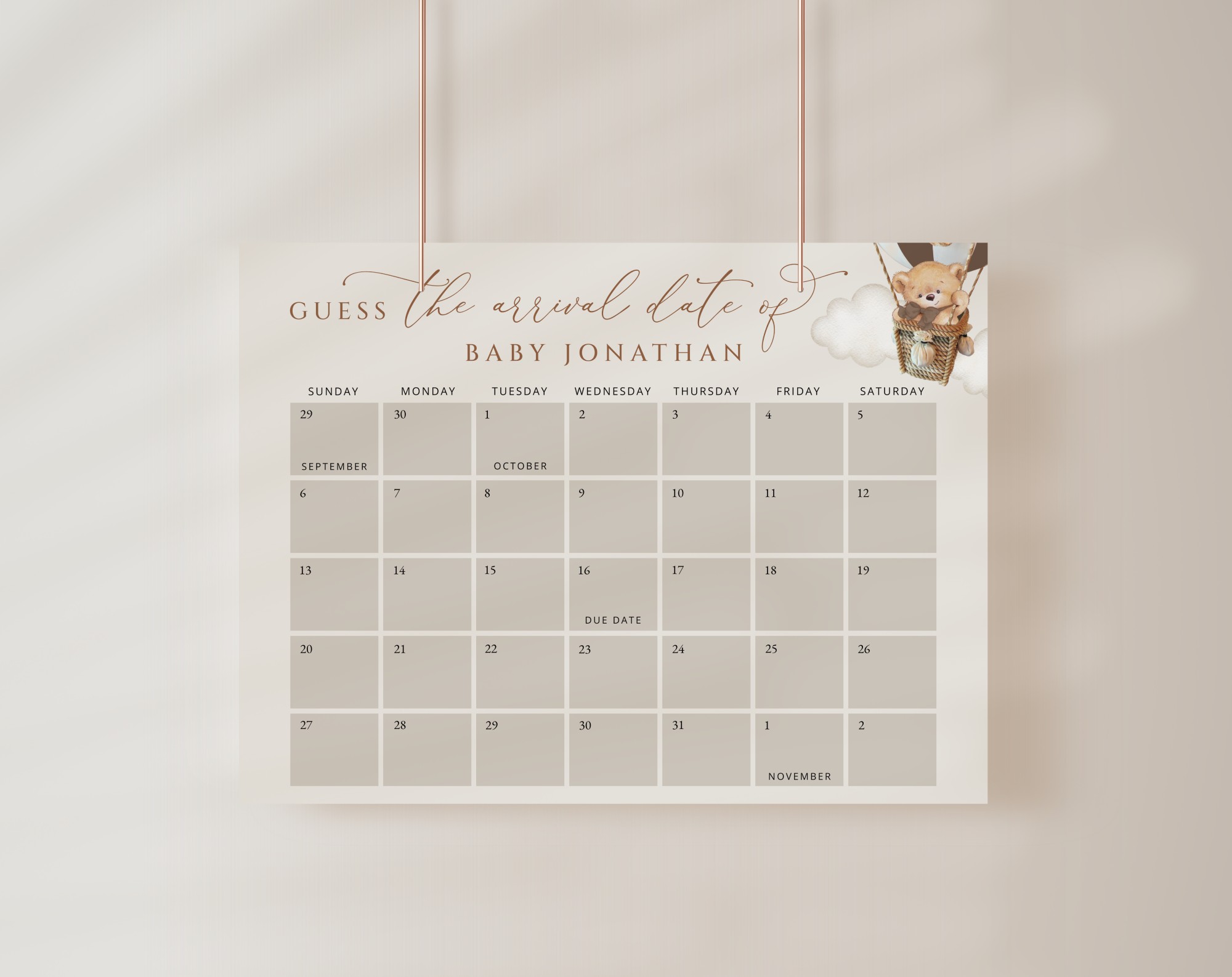 Bear in Brown Balloon Guess the Due Date, Baby Shower Game, Gender Neutral Baby Shower, Printable File, Edit Yourself, SH19 Bear in Brown Balloon Guess the Due Date, Baby Shower Game, Gender Neutral Baby Shower, Printable File, Edit Yourself, SH19