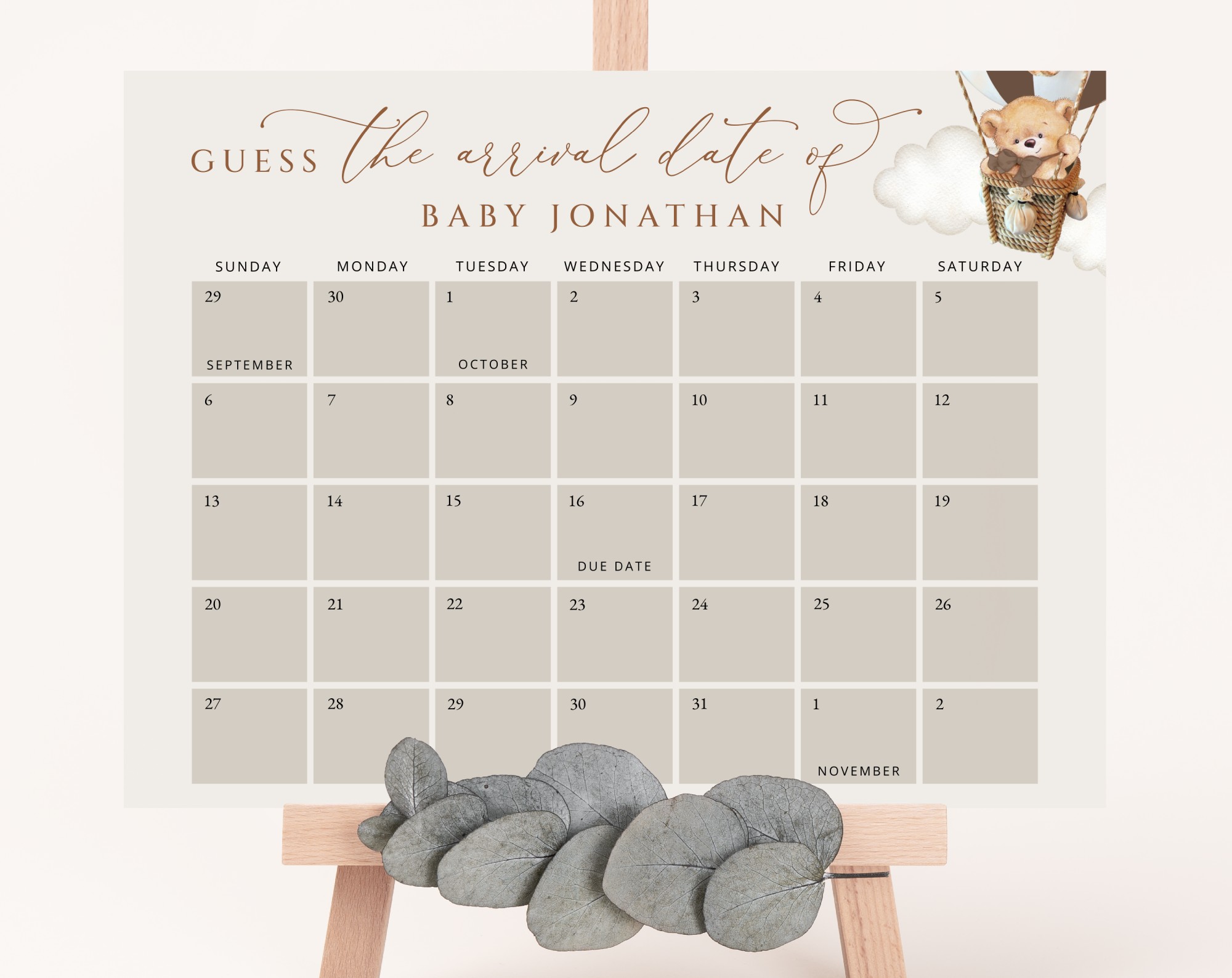 Bear in Brown Balloon Guess the Due Date, Baby Shower Game, Gender Neutral Baby Shower, Printable File, Edit Yourself, SH19 Bear in Brown Balloon Guess the Due Date, Baby Shower Game, Gender Neutral Baby Shower, Printable File, Edit Yourself, SH19