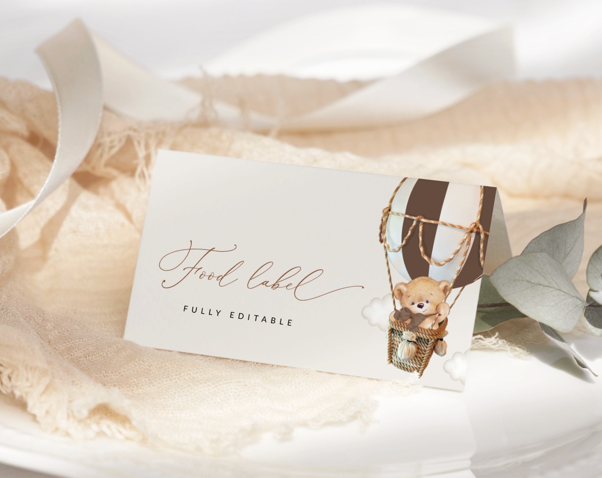 Bear in Brown Balloon Food Label, Baby Shower Decoration, Gender Neutral Baby Shower, Printable File, Edit Yourself, SH19