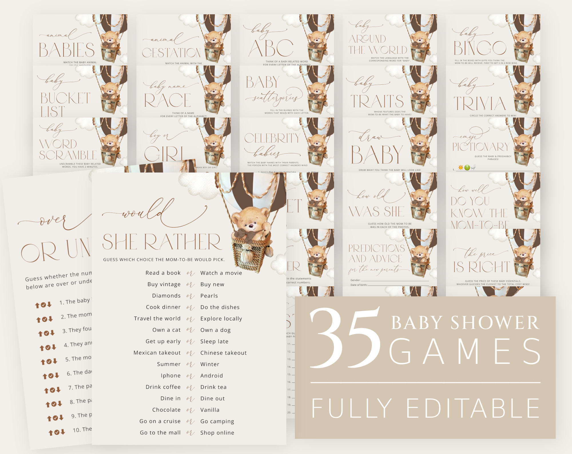 Bear in Brown Balloon Baby Shower Games Bundle, Set of 35 Games, Gender Neutral Baby Shower, Printable File, Edit Yourself, SH19 Bear in Brown Balloon Baby Shower Games Bundle, Set of 35 Games, Gender Neutral Baby Shower, Printable File, Edit Yourself, SH19