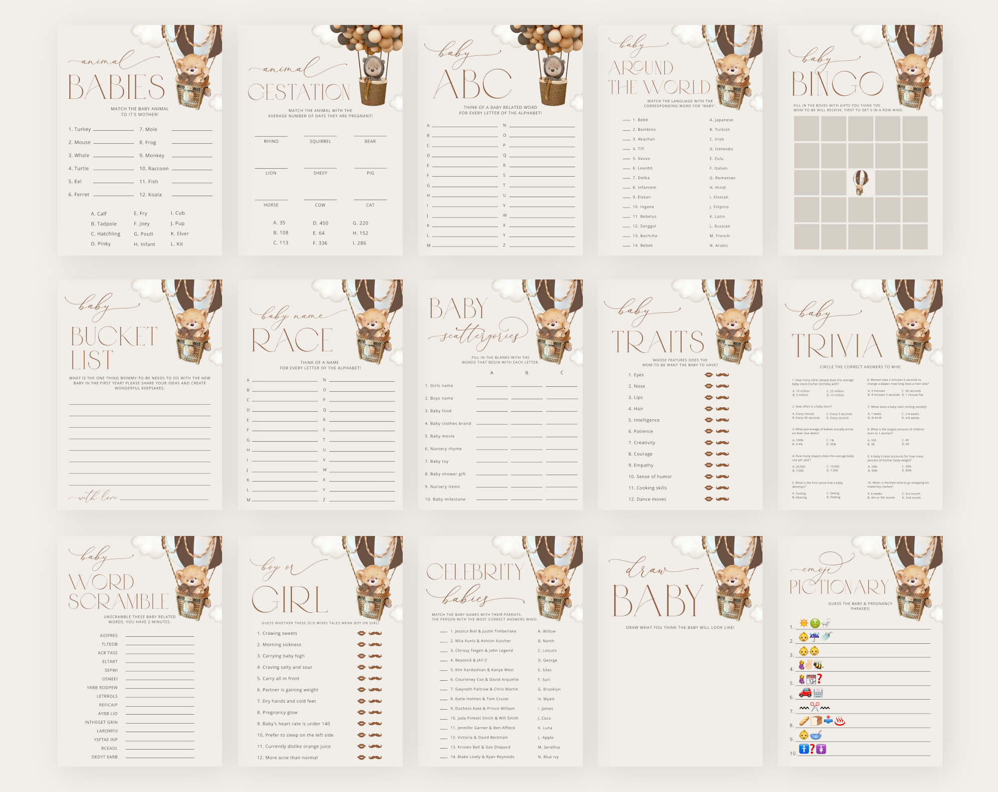 Bear in Brown Balloon Baby Shower Games Bundle, Set of 35 Games, Gender Neutral Baby Shower, Printable File, Edit Yourself, SH19 Bear in Brown Balloon Baby Shower Games Bundle, Set of 35 Games, Gender Neutral Baby Shower, Printable File, Edit Yourself, SH19